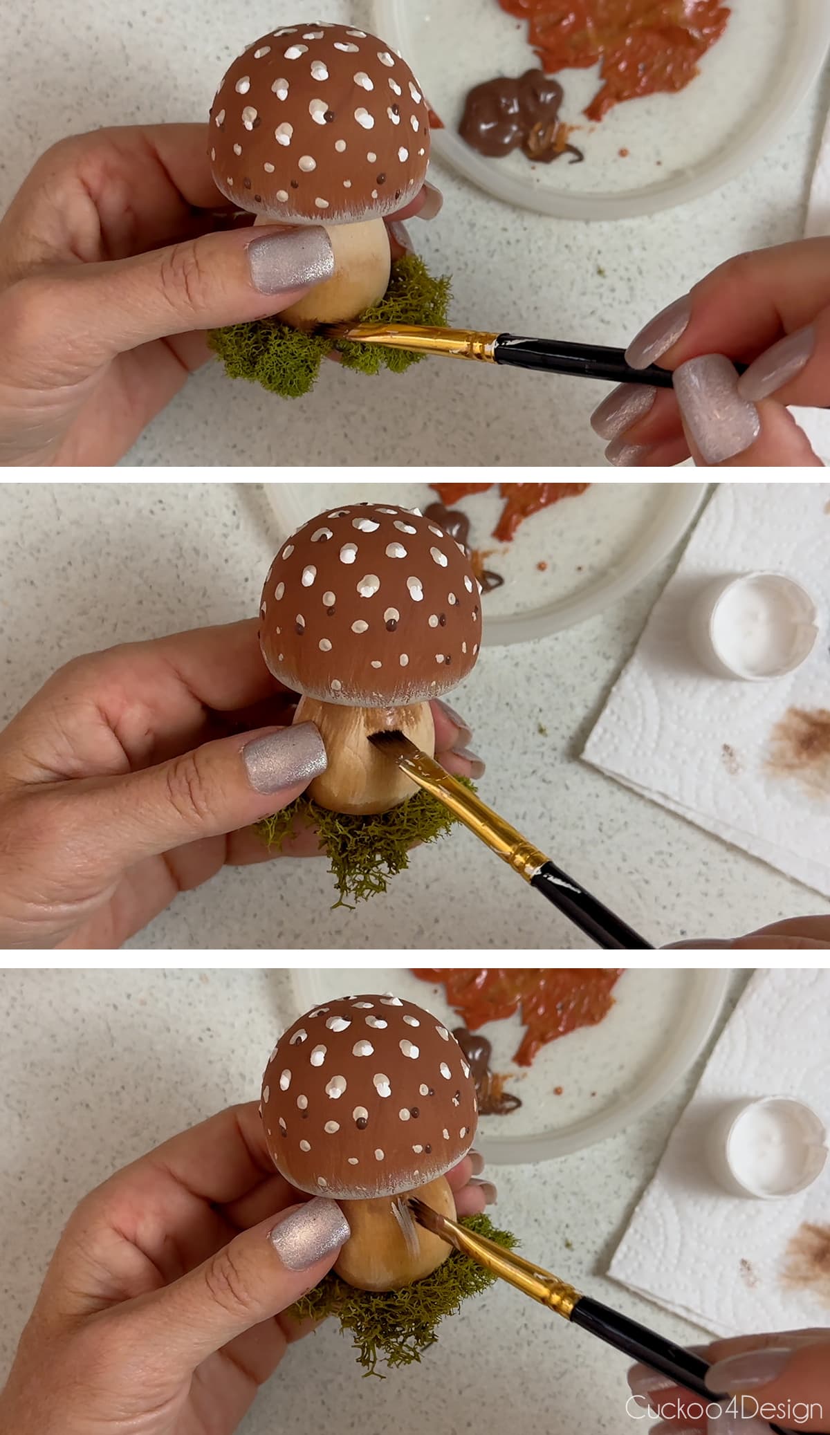 painting the mushroom stem with brown and ivory paint