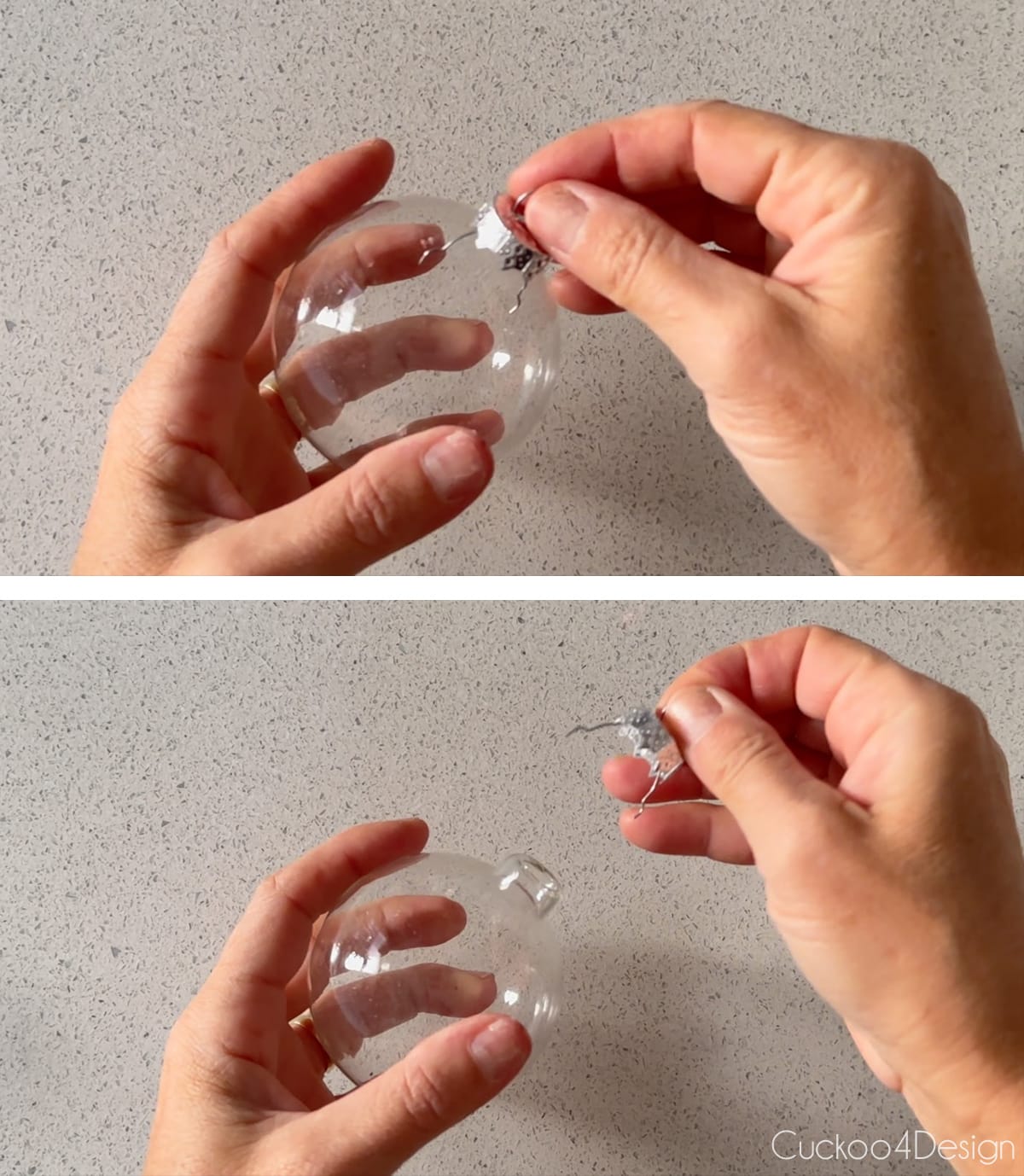 using your fingers to pull out metal top and loop from glass ornaments