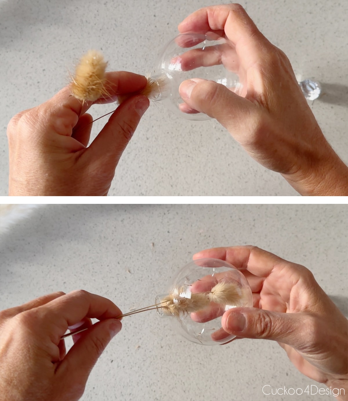 stuffing bunny tail grasses into an open glass Christmas ornament