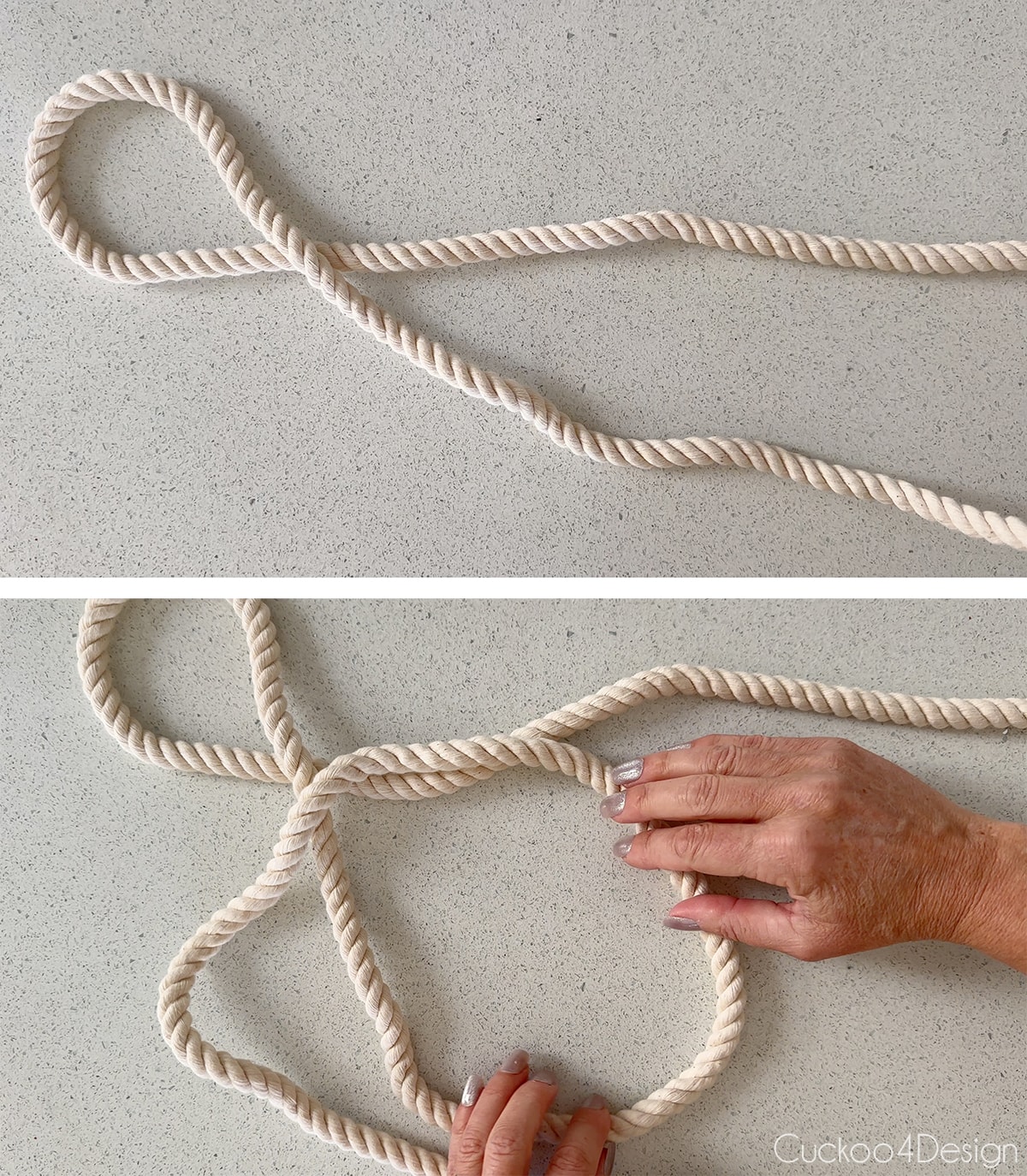 starting out the Pipa Knot with thick soft macrame yarn