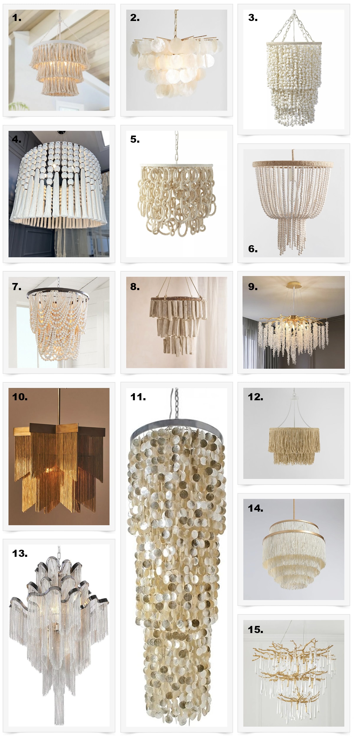 collage of 15 cascading chandeliers made from different materials