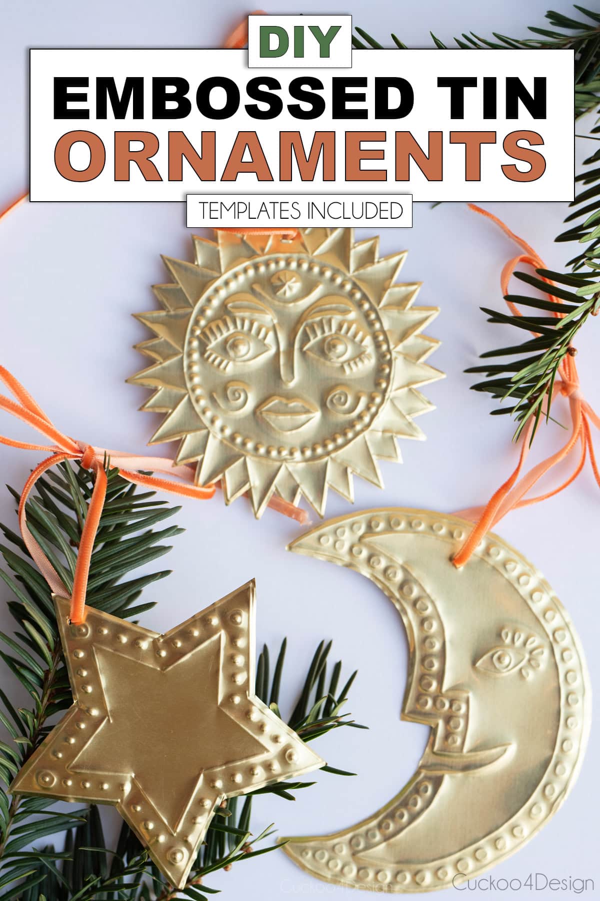 a moon, sun, and star DIY tin ornaments