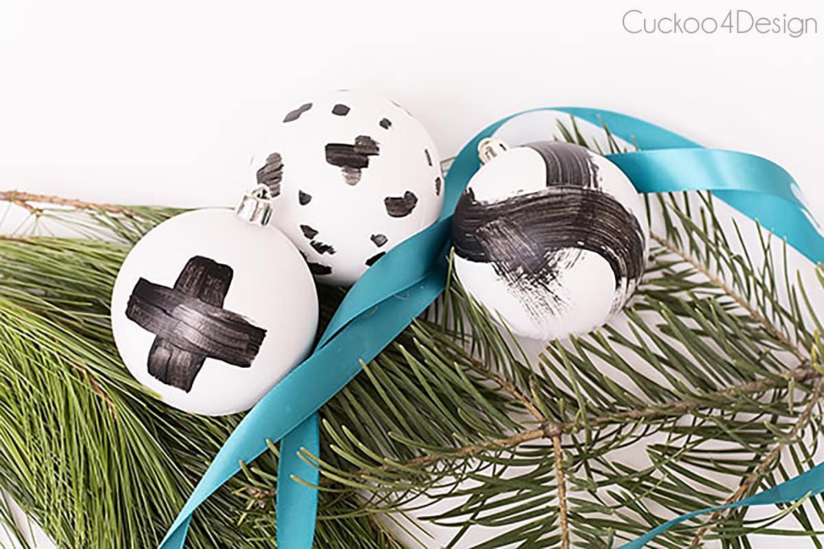 hand painted modern ornaments in a black and white brush stroke design