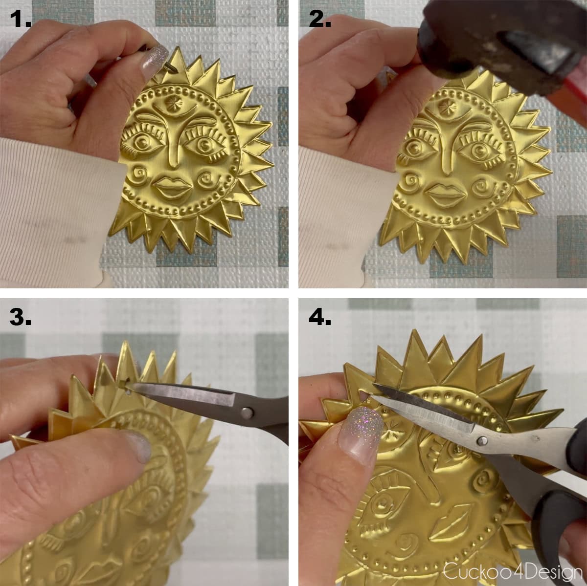 using a nail and hammer to punch a hole into the embossed ornament