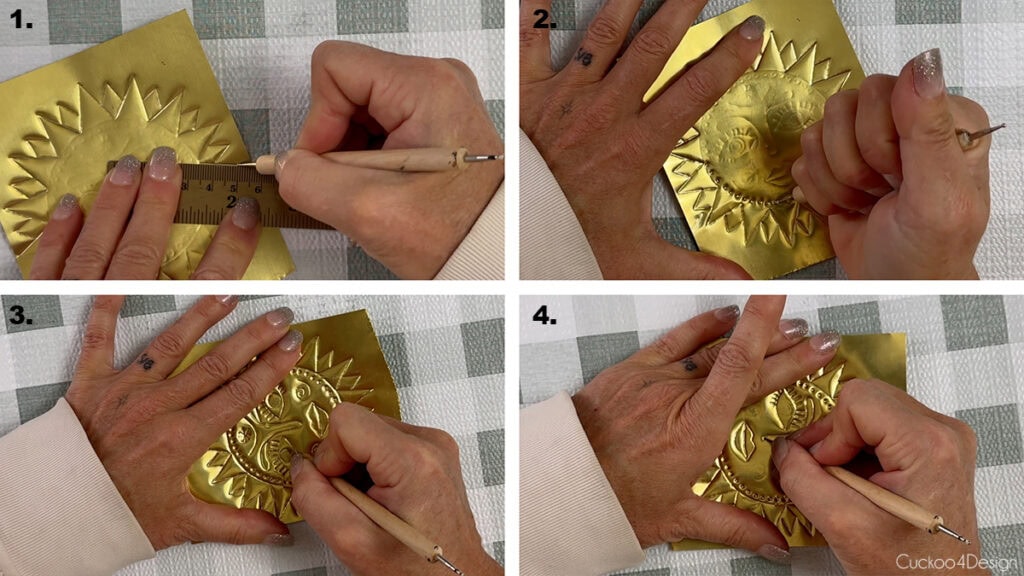 using an embossing tool to trace the ornament pattern with full pressure