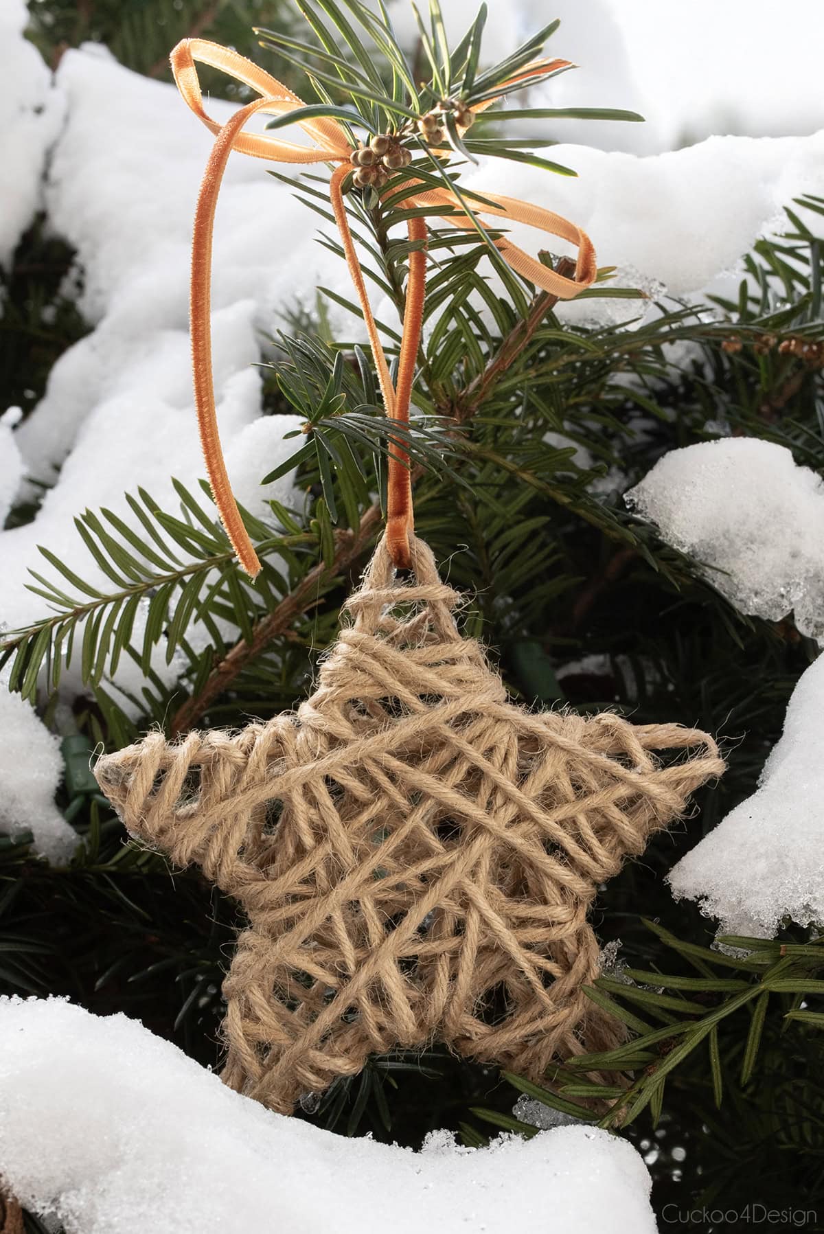 yarn star ornament hanging in a snowy pine tree