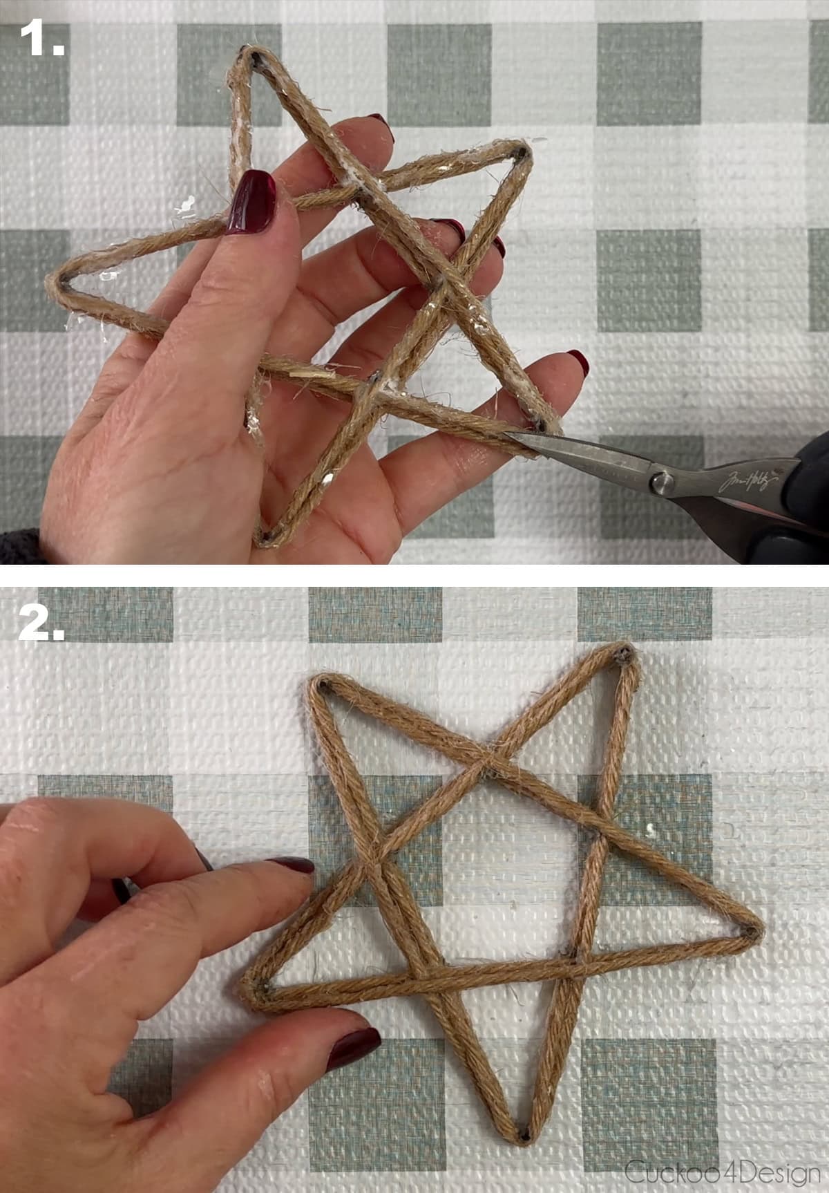 cleaning up the backside of a glued yarn star shape with scissors