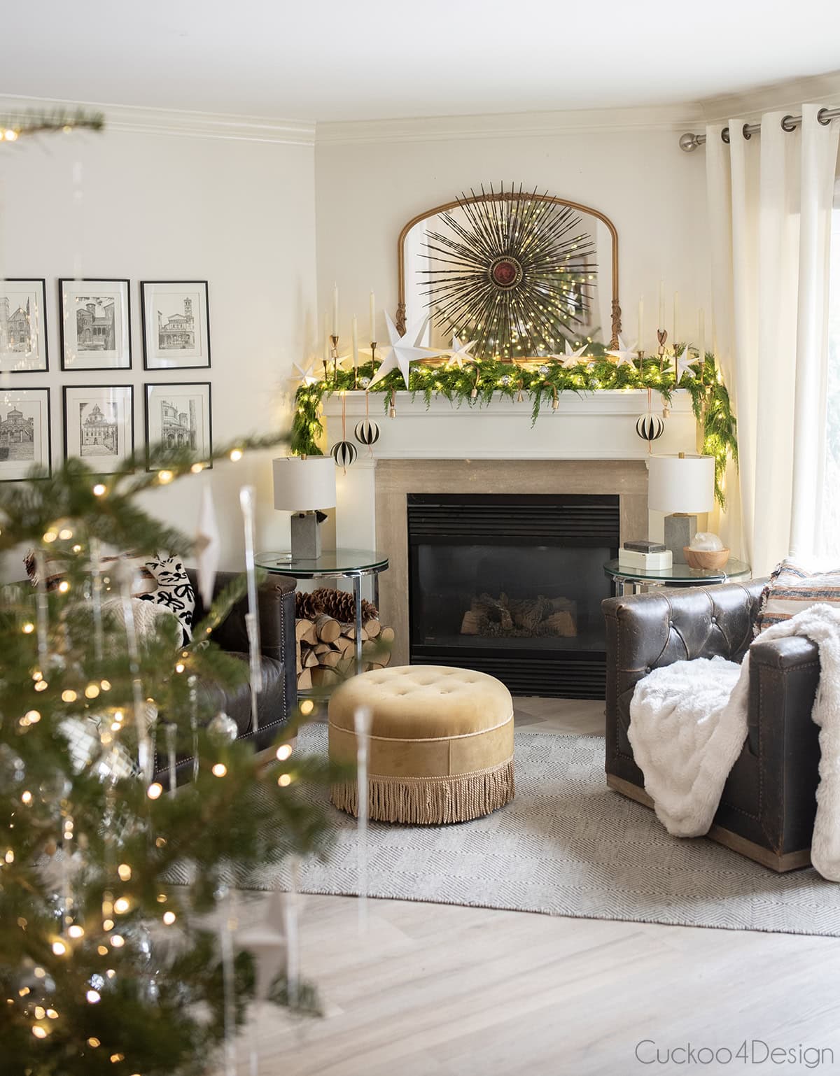 fireplace area with leather swivel chairs, cozy layers and mantel with folded paper stars and DIY honeycomb ornaments