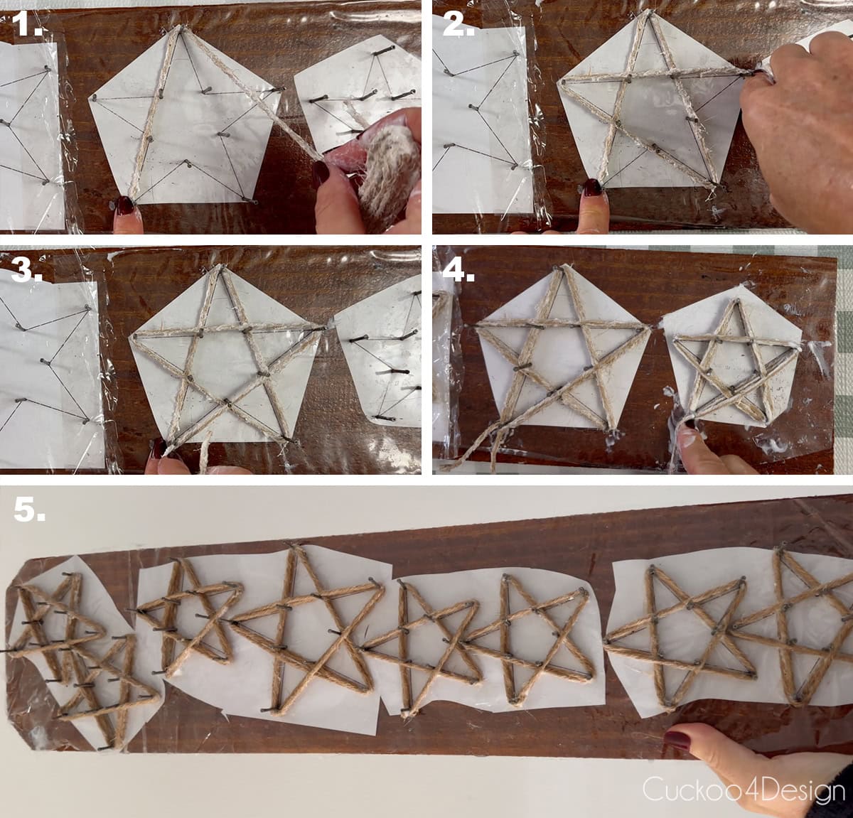 wrapping the star shape with glue soaked yarn three times