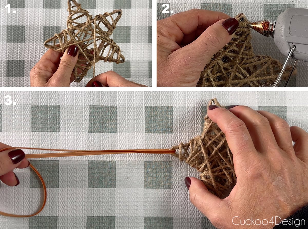 wrapping the star shape with jute. yarn to create an ornament