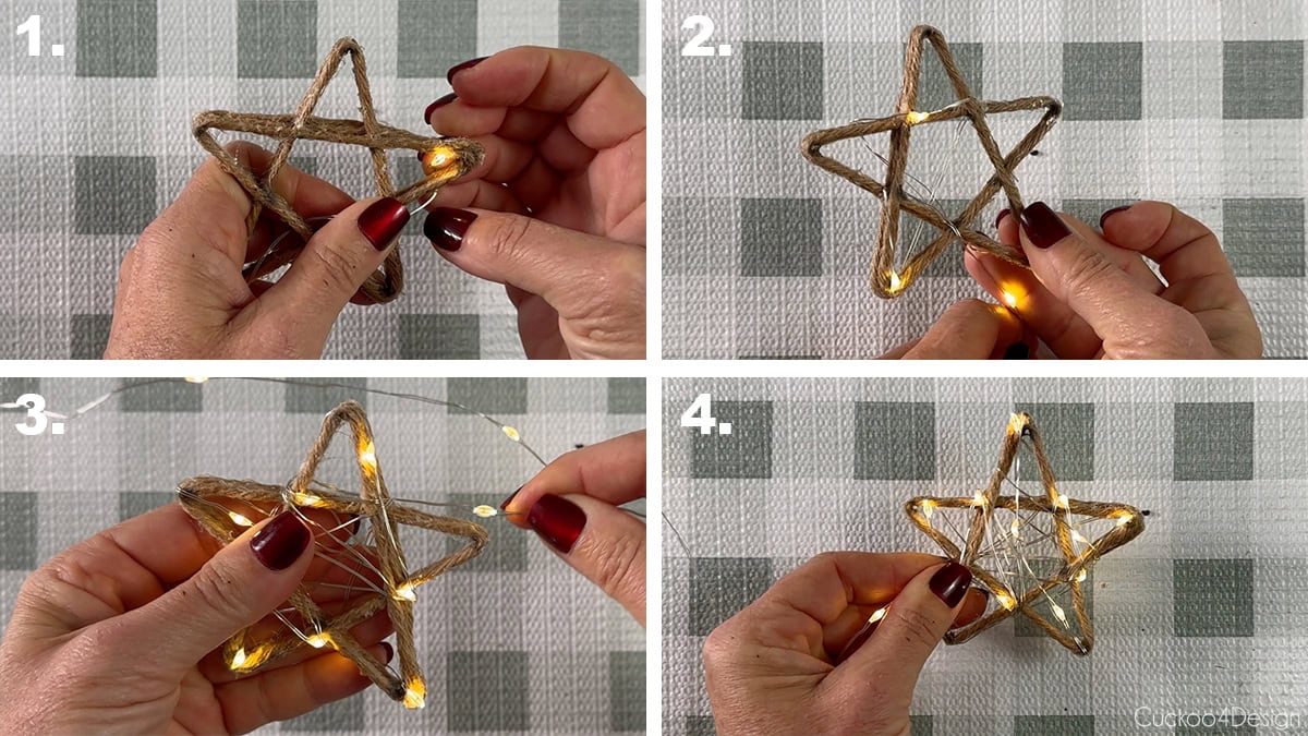 wrapping a star shape with fairy lights