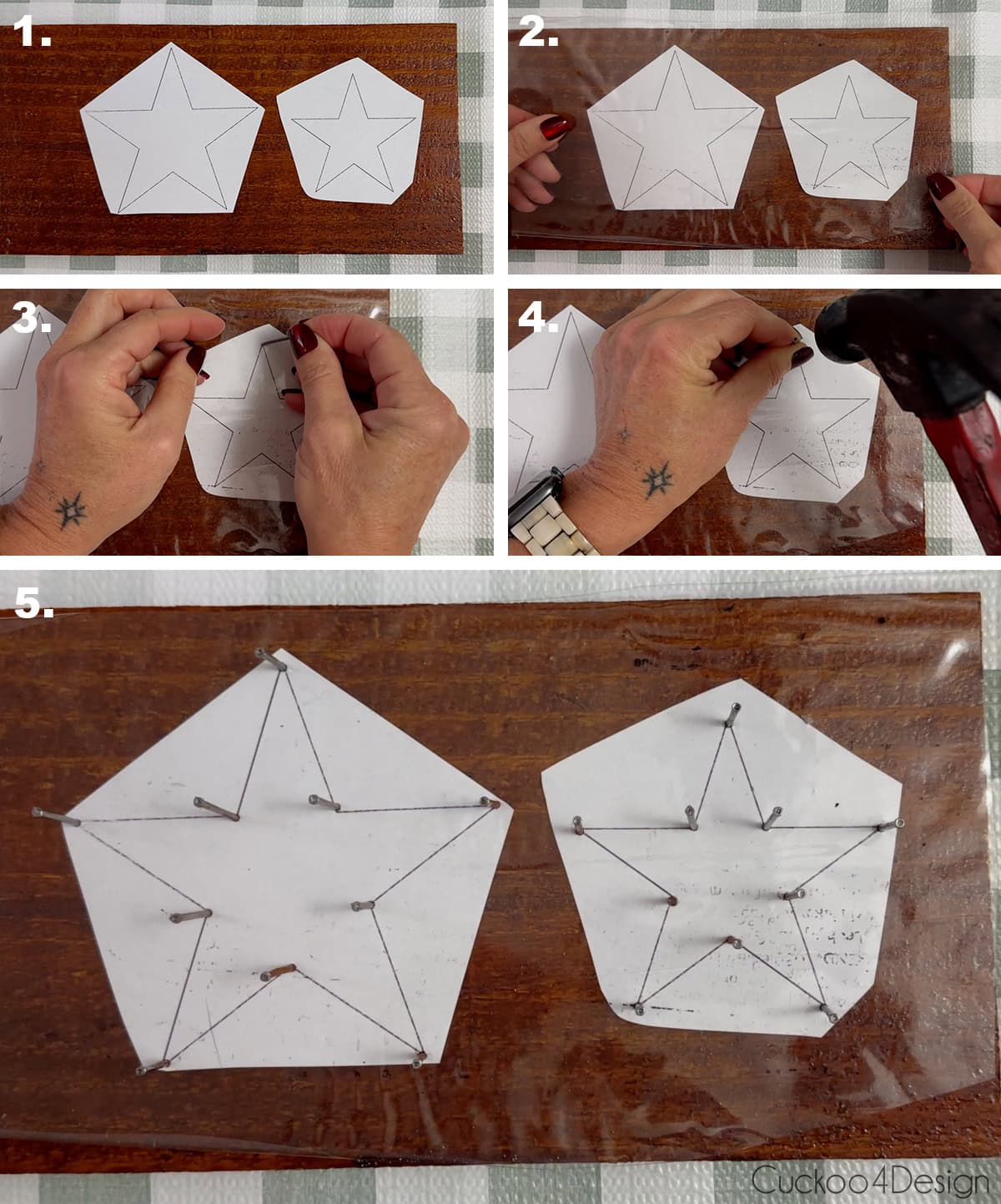 adding star template to wooden board with clear sheet and nails to create yarn star template