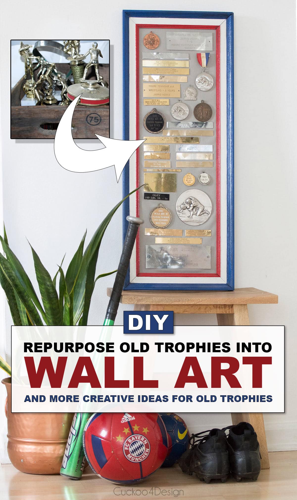 crate full of old trophies turned into a collage as wall art