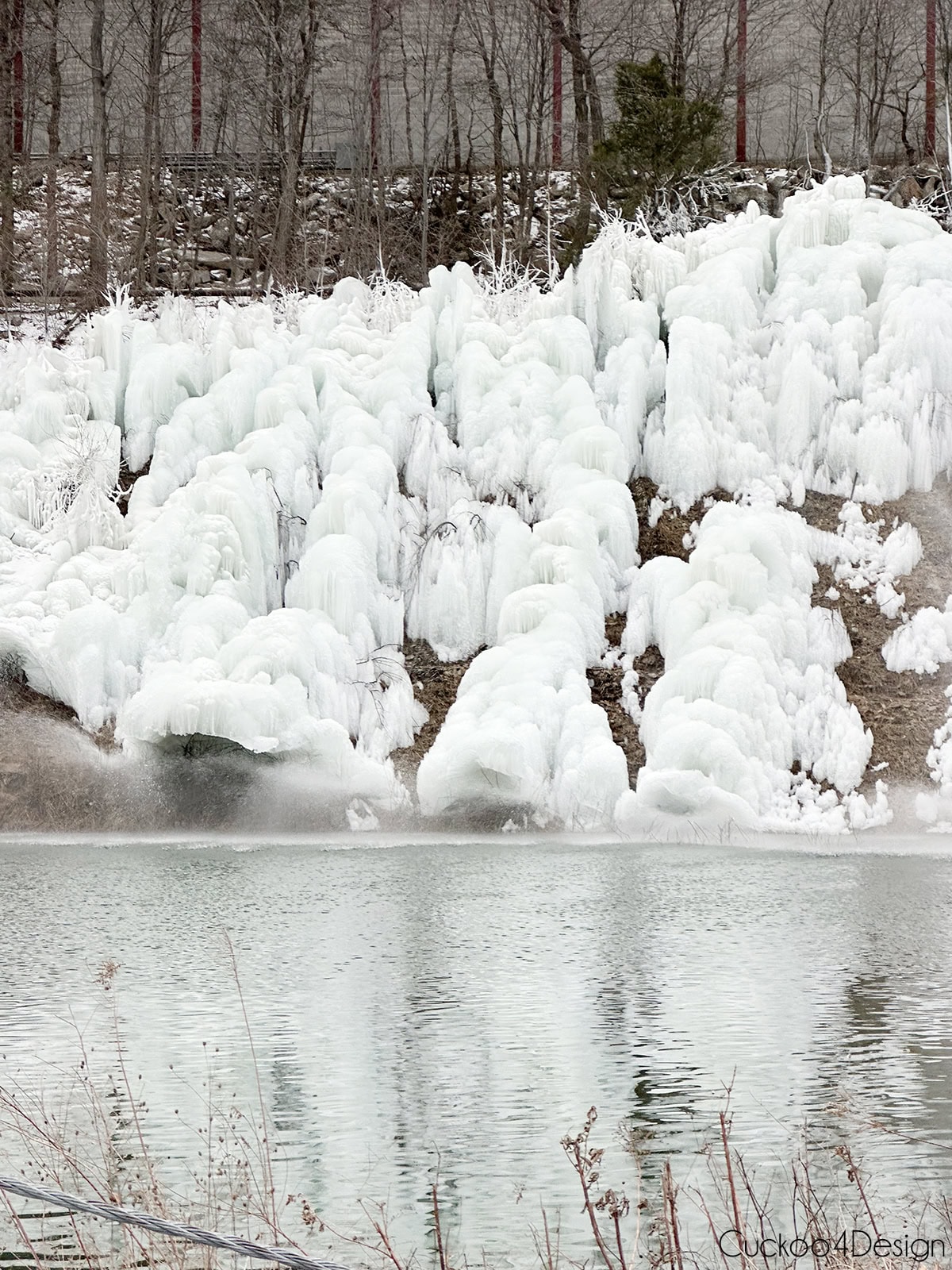 ice formations at ski resort retention pond