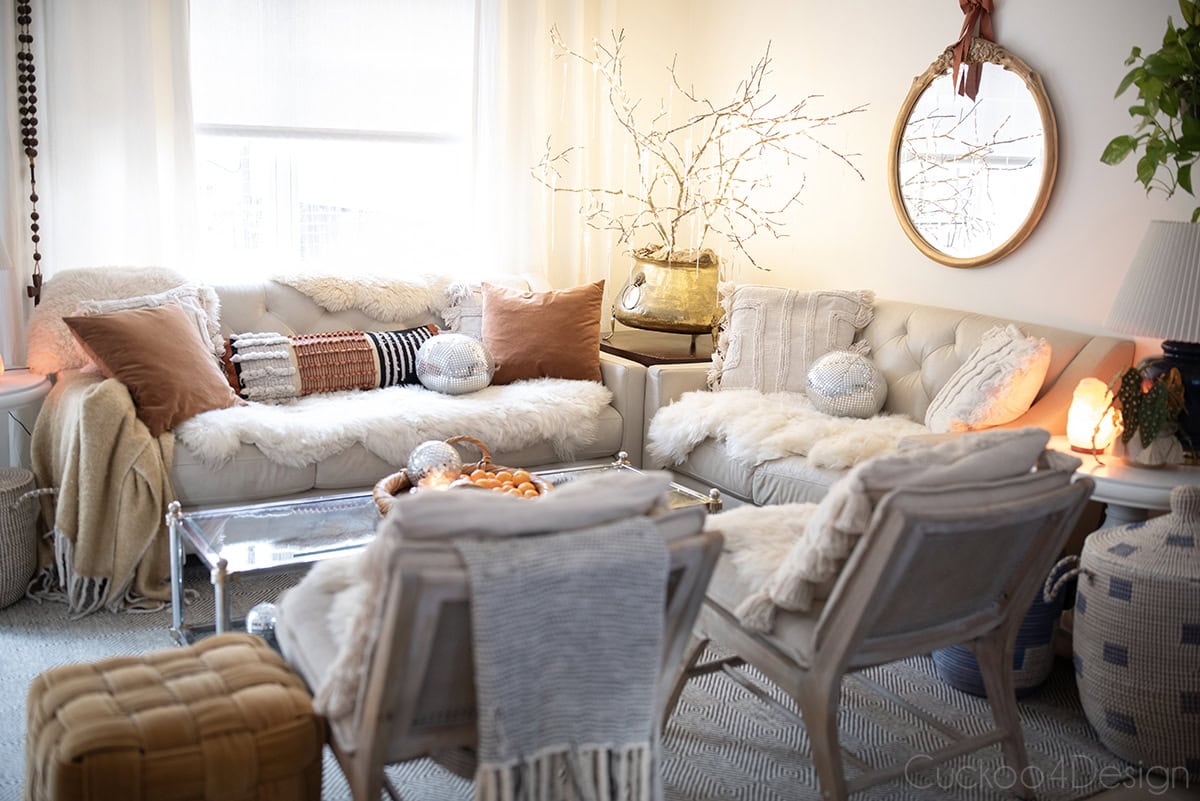 full view of living room with icicle branches