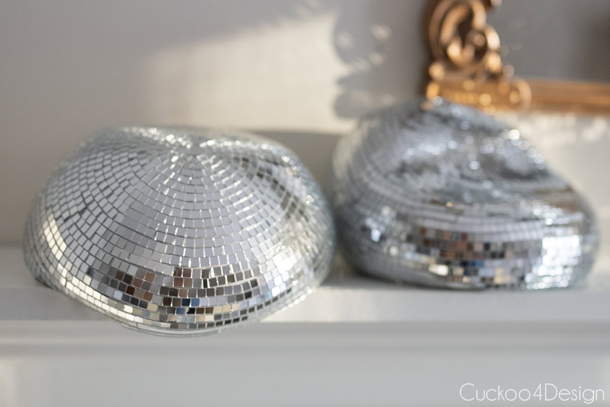 close-up of two finished DIY disco balls