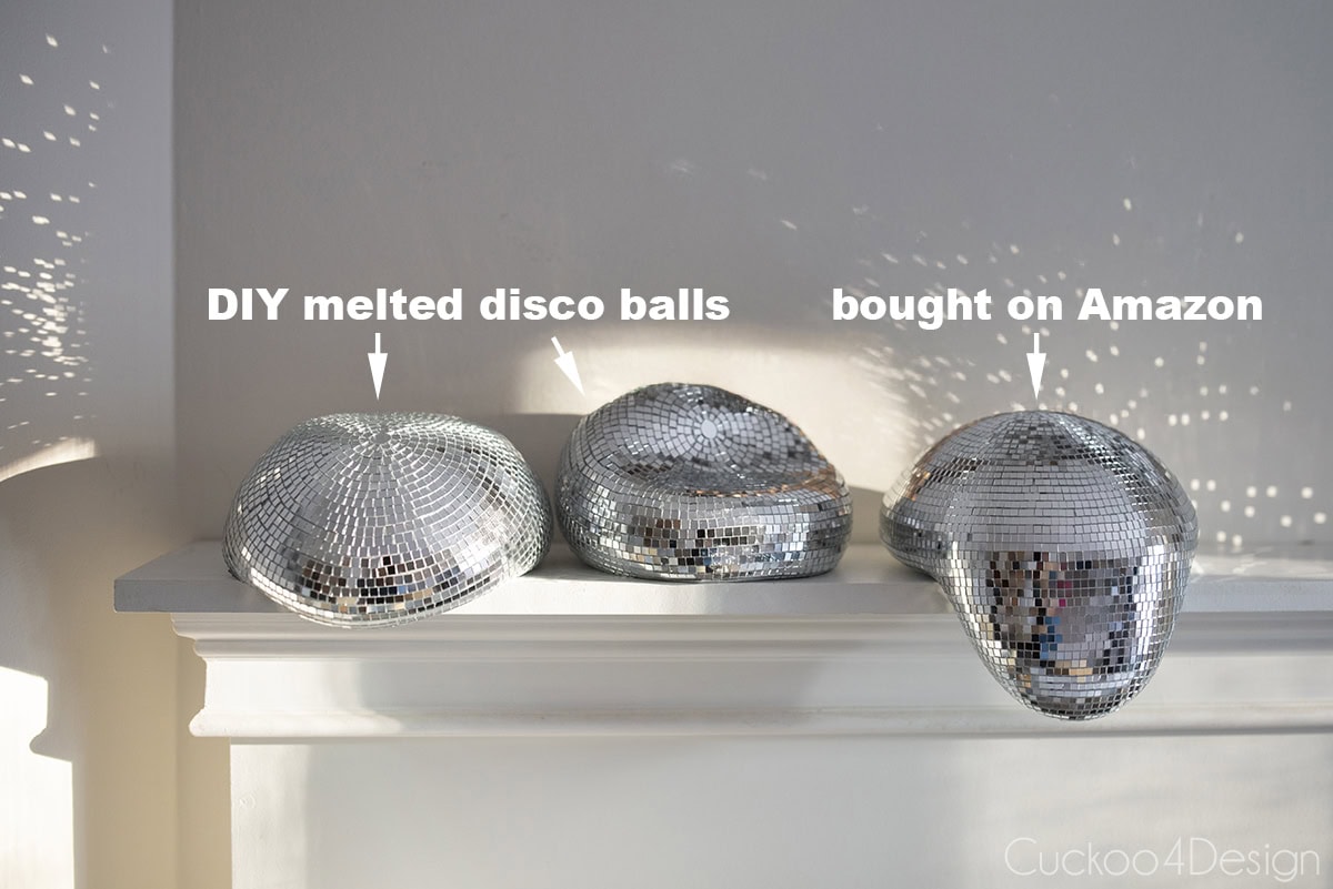 side-by-side comparison of DIY disco ball and purchased melted disco ball