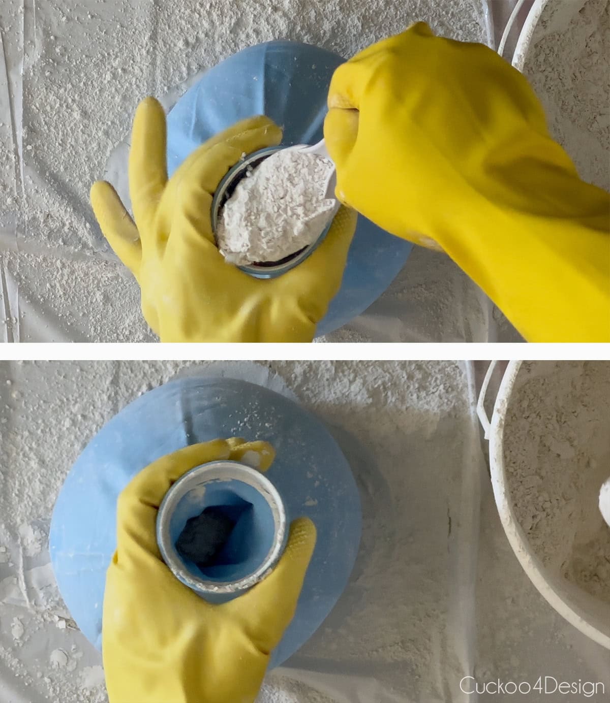 adding Plaster of Paris to the balloon with an asian soup spoon