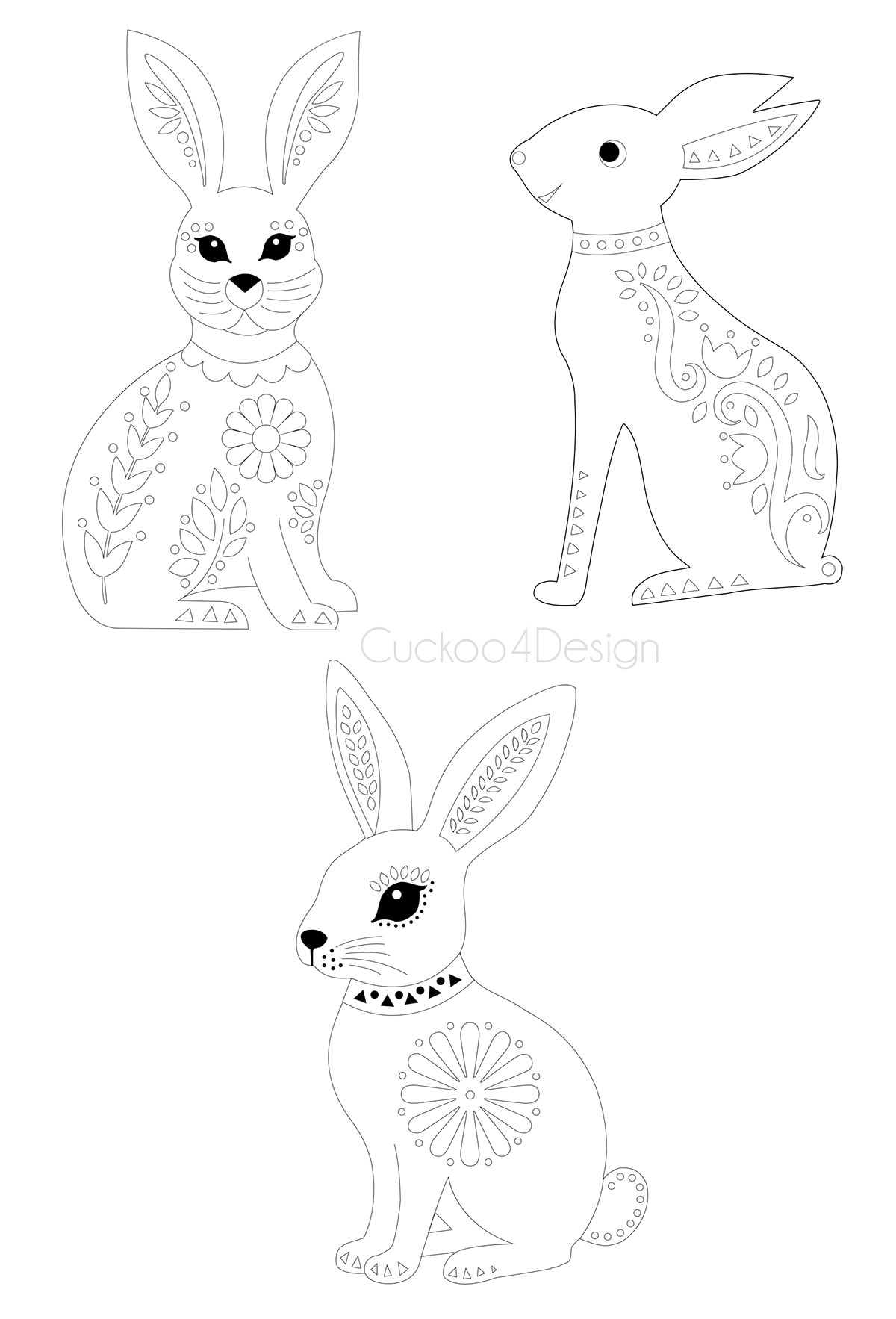 three different bunny templates with folk art inspired patterns