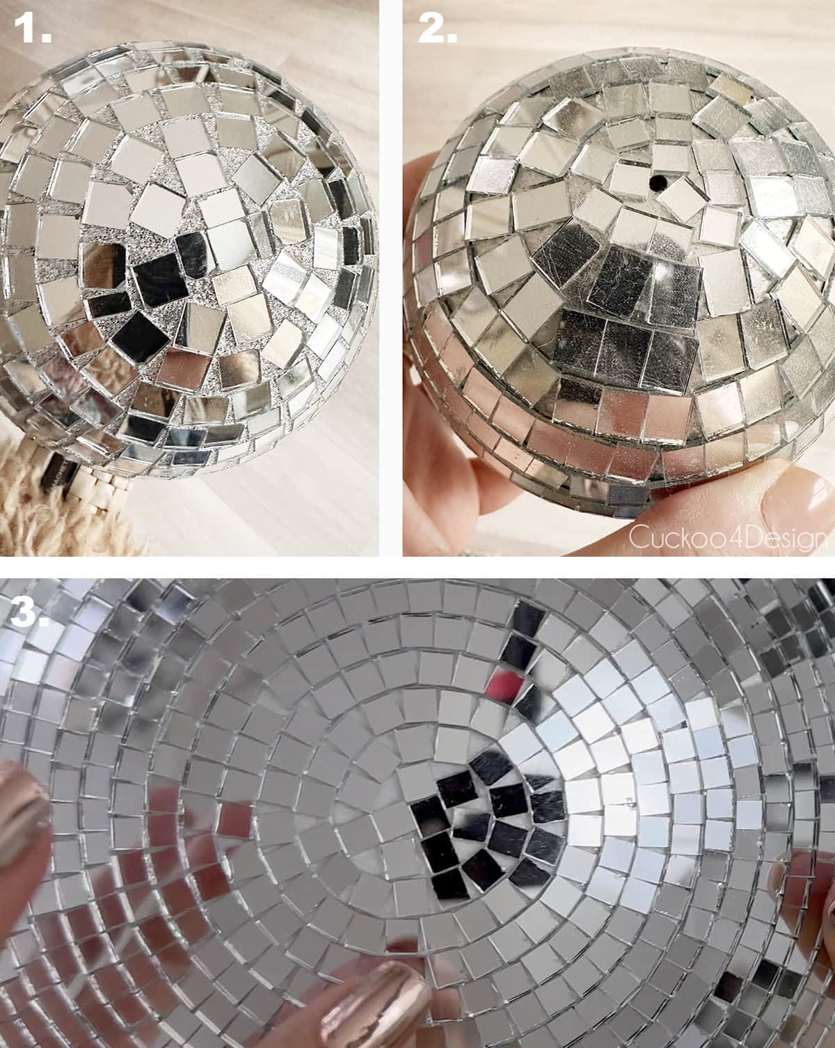 three different ways to line up the first mirror tiles on a disco ball