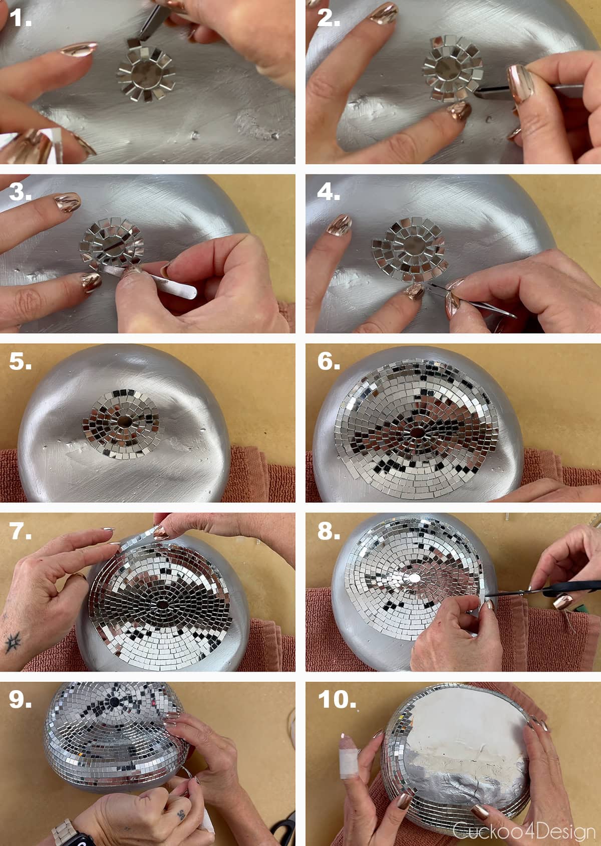 gluing on 5mm mirror tiles to melted disco ball shape