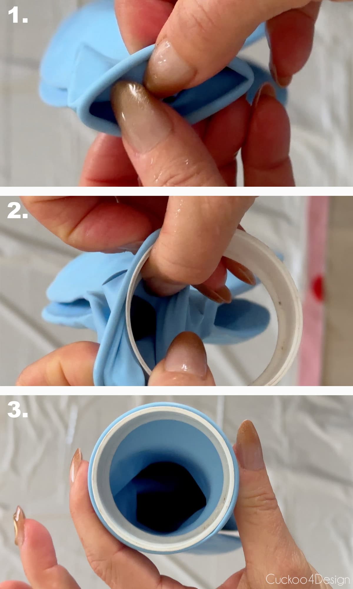 inserting the plastic ring into the large balloon opening