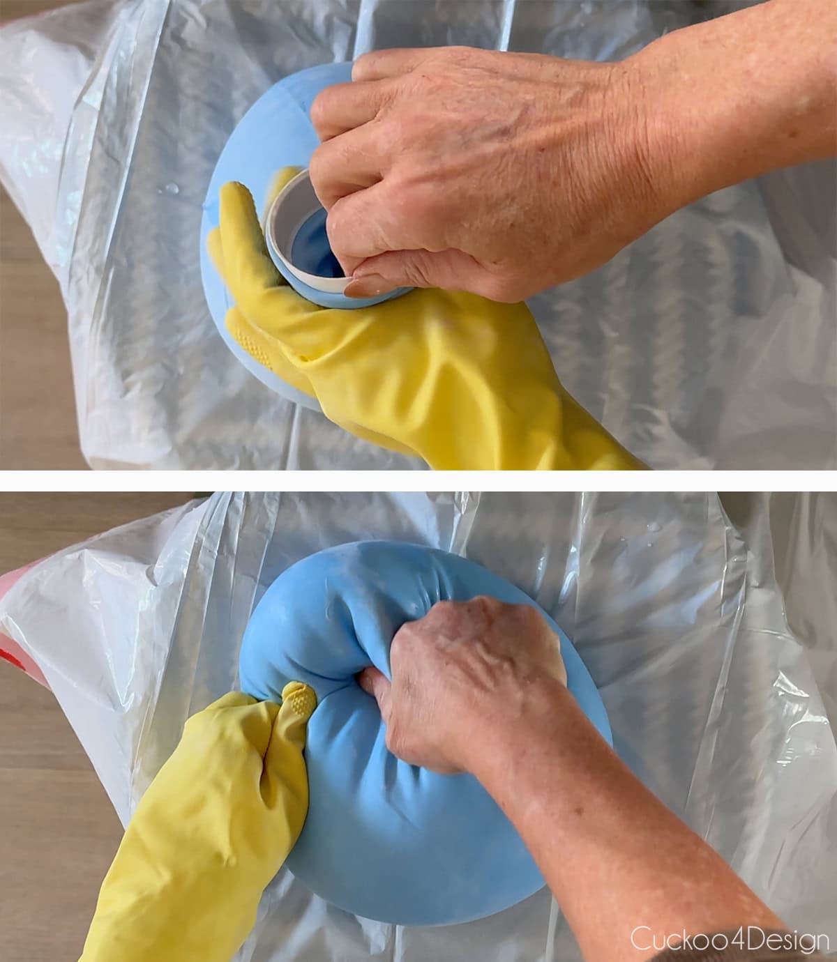 kneading the balloon with one hand
