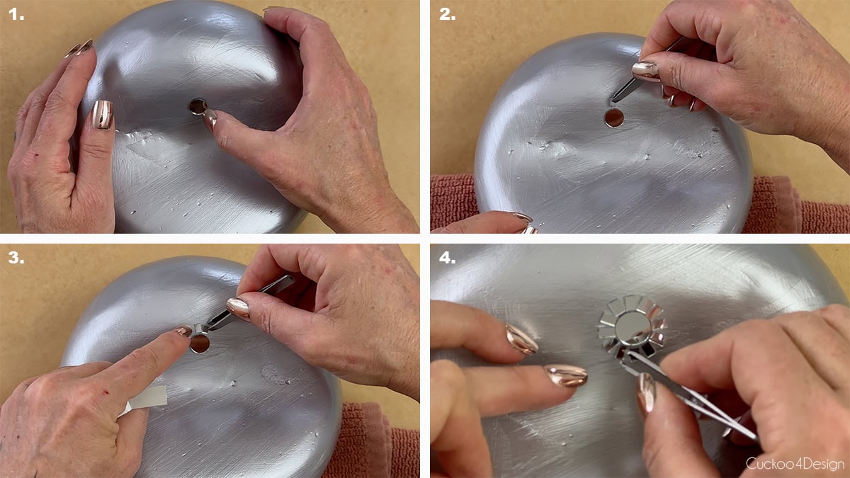 starting the center point of the melted disco ball with a round mirror tile