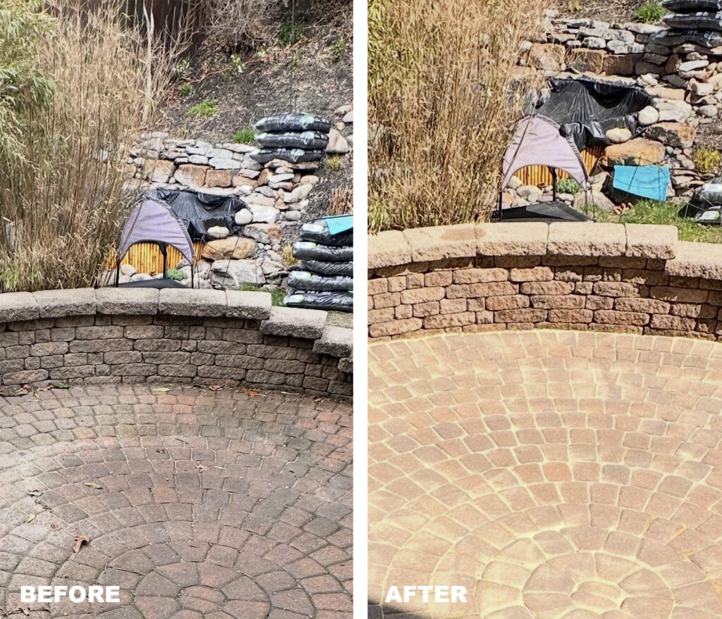 before and after pressure washed paver patio