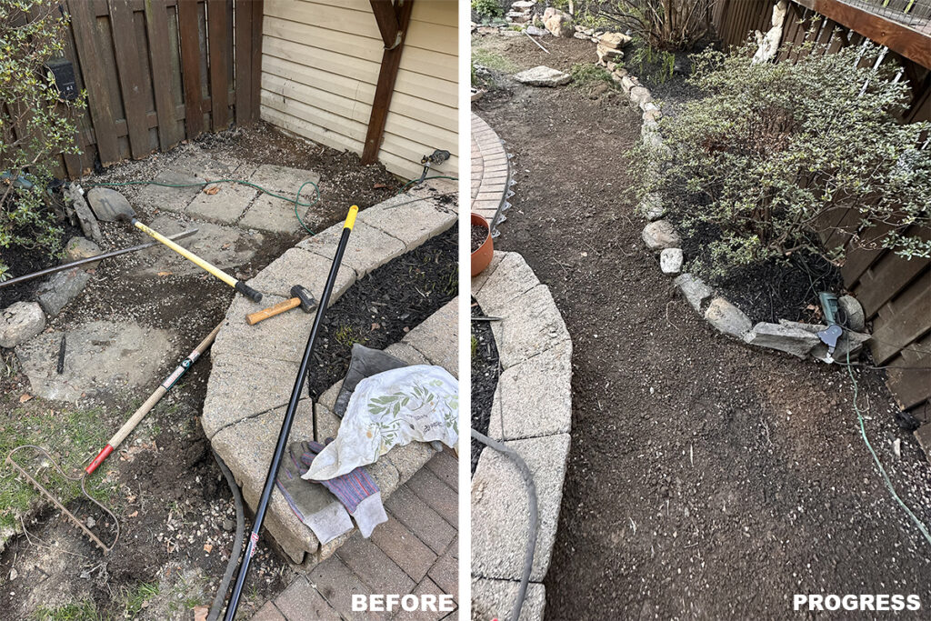 partially removed grass from backyard before and during