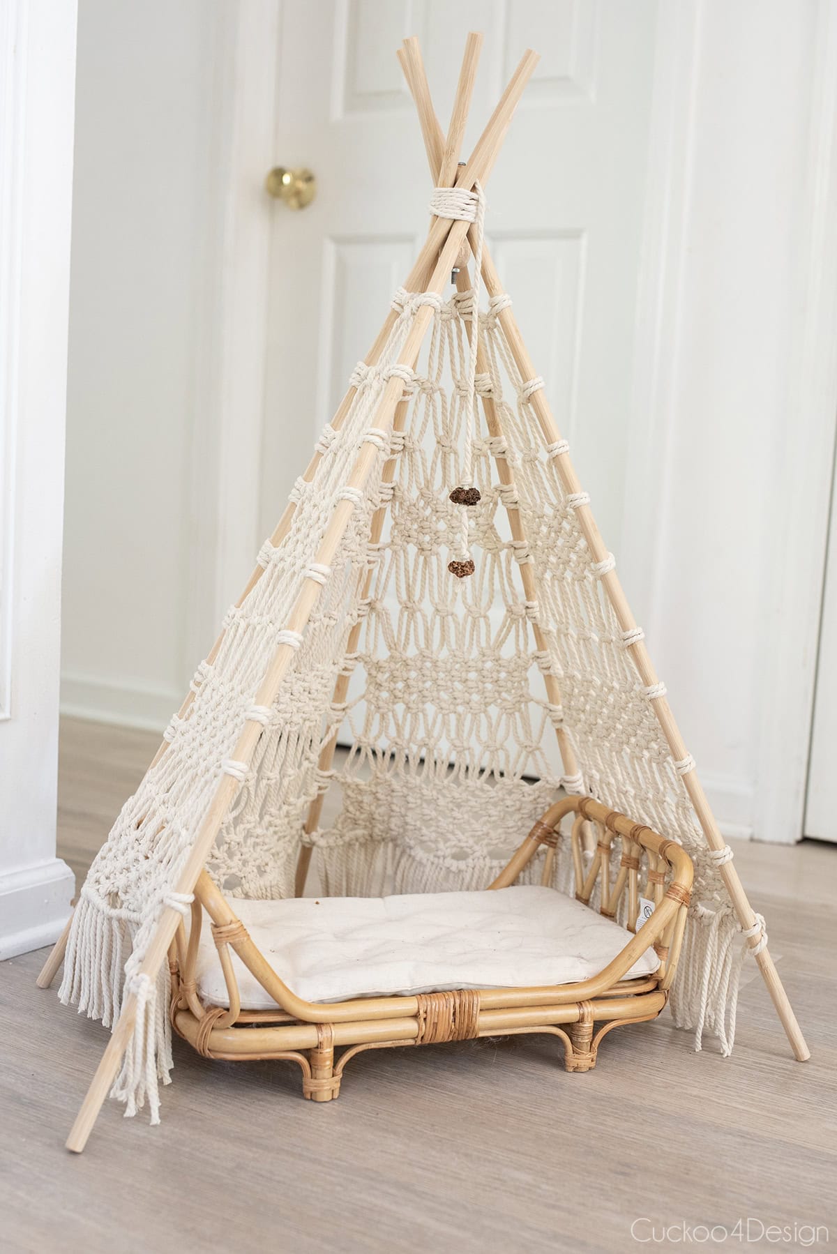 macrame cat teepee with rattan bed