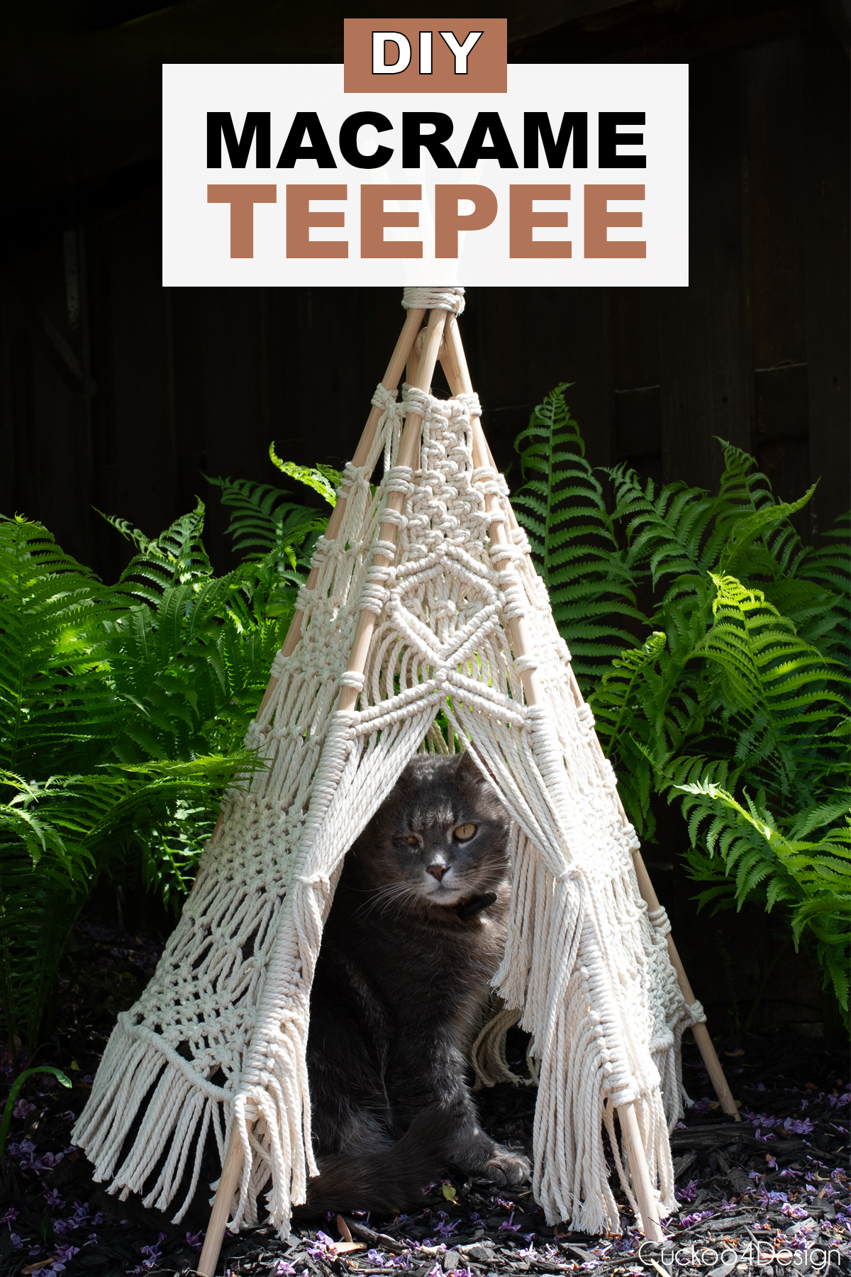 DIY macrame teepee with a gray cat sitting in the opening surrounded by green ferns