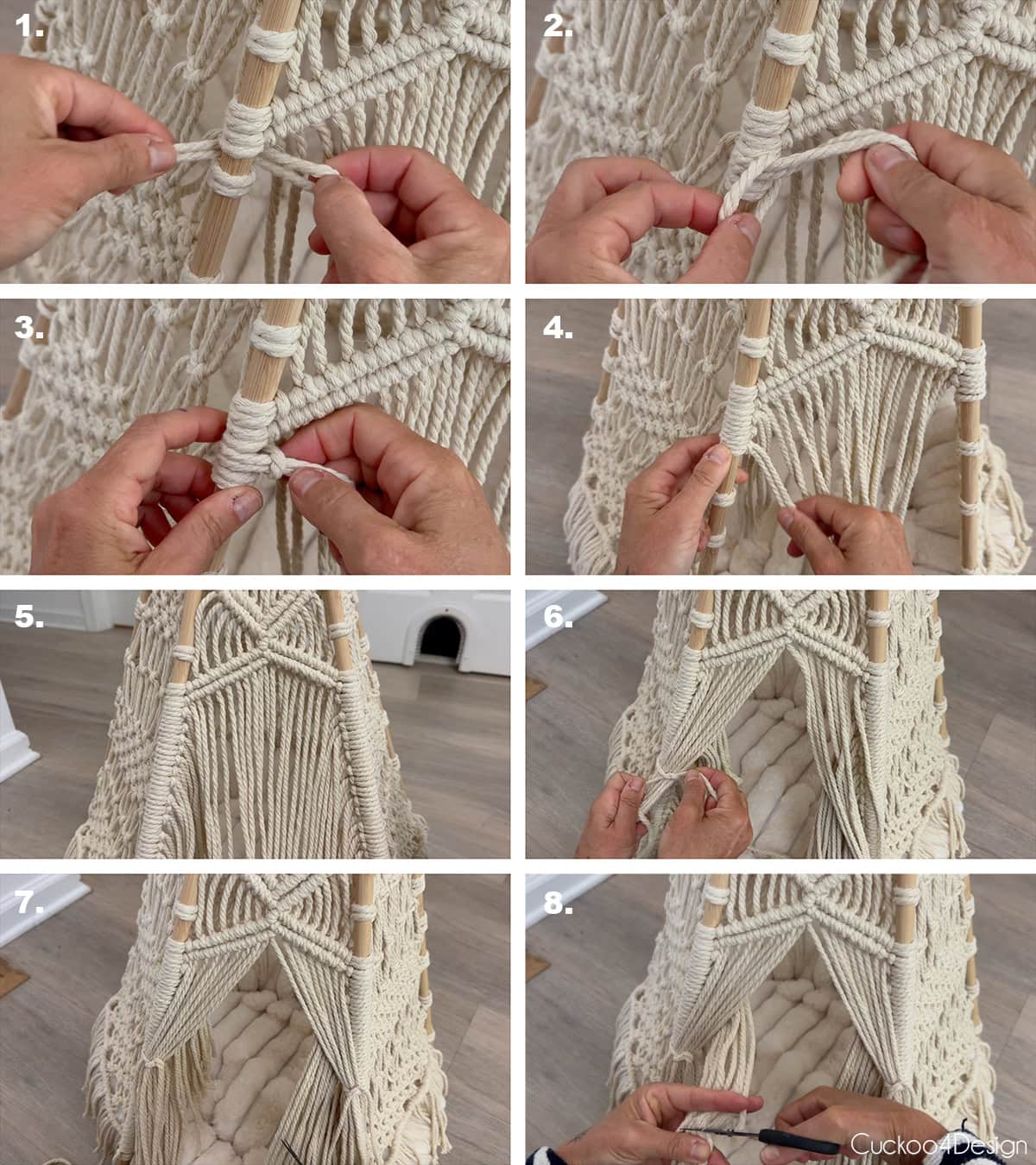 adding fringe to the front of the macrame teepee with Lark's Head Knots and scrap yarn