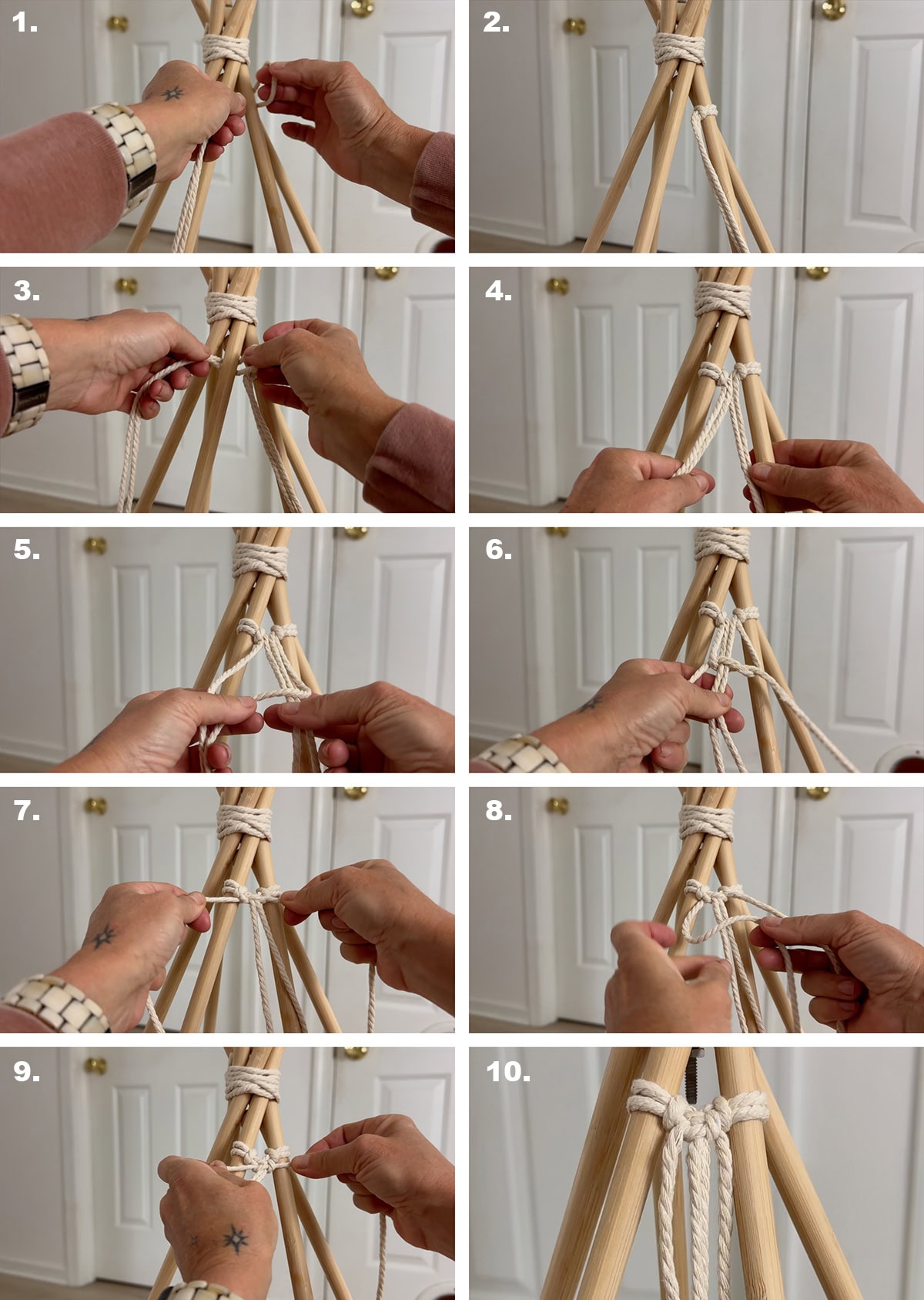 adding macrame yarn to the teeppe frame and knotting the first Square Knot