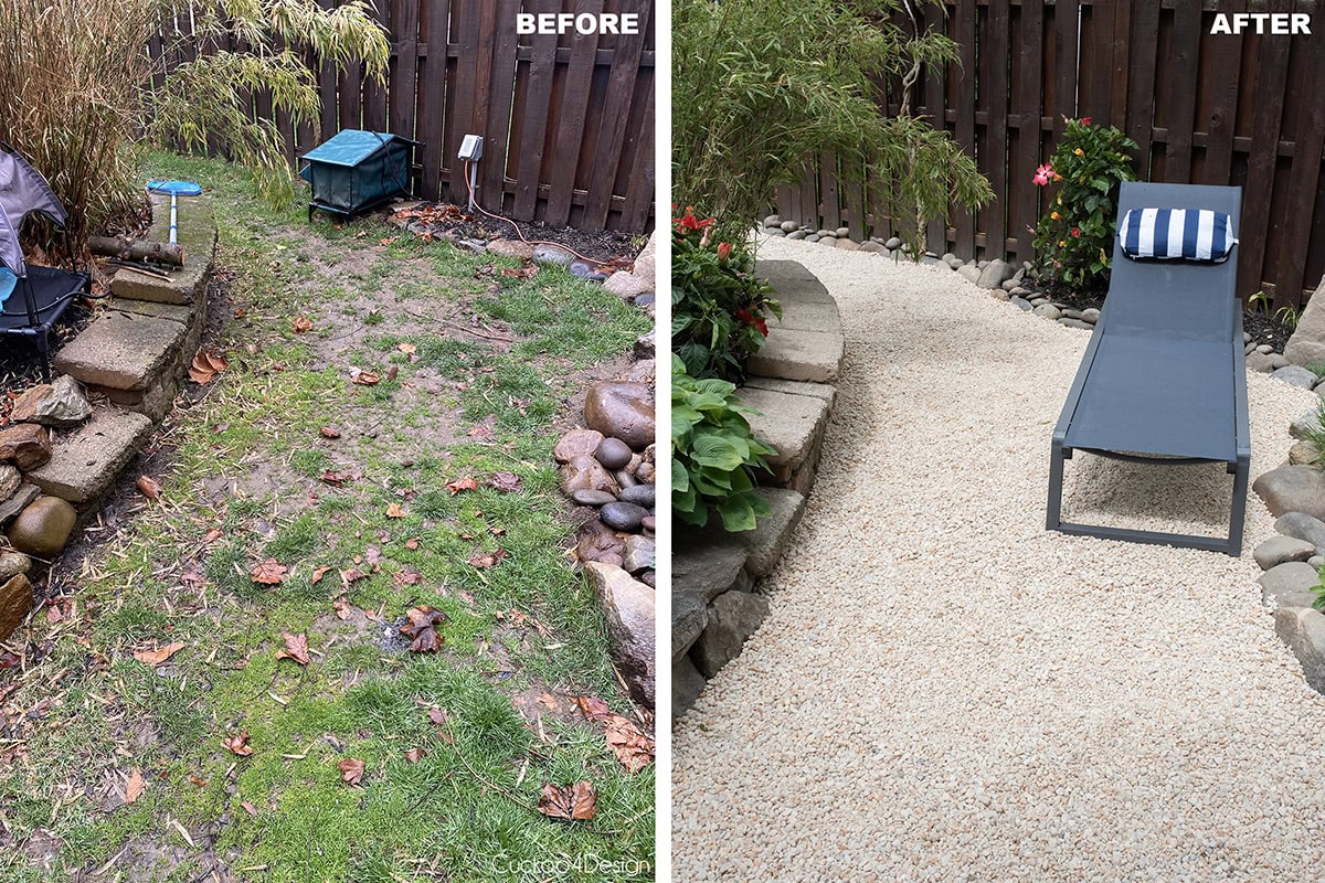 other view of pea gravel area next to stock tank pool replacing muddy grass with drainage issues before and after
