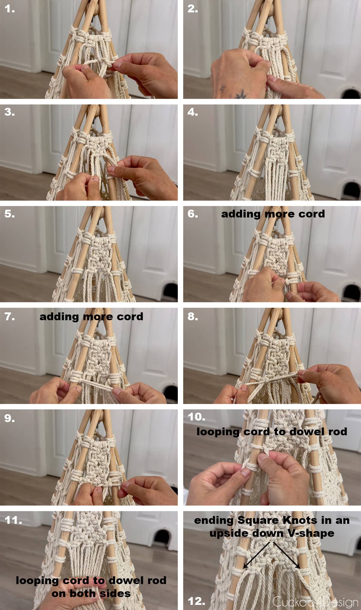 knotting rows of Square Knots on the teepee's front panel