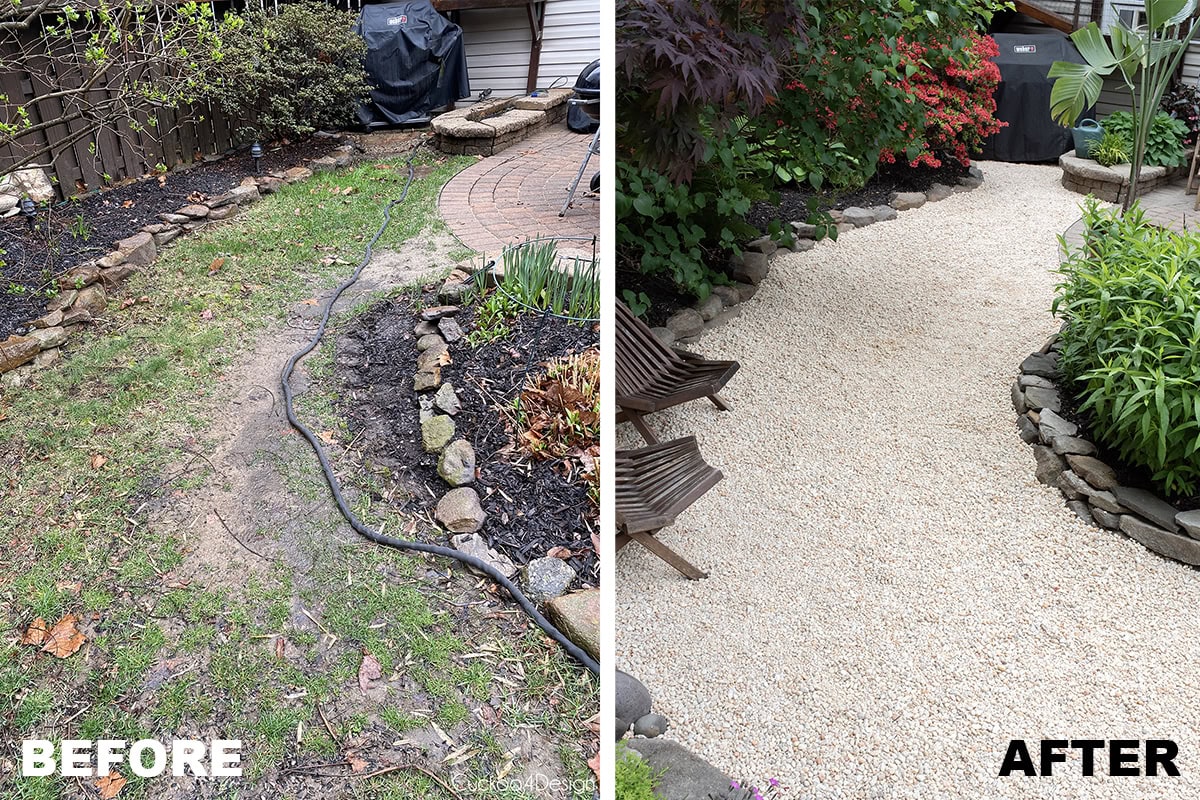 narrow strip of bare dead grass between flower beds before and after replacing with pea gravel