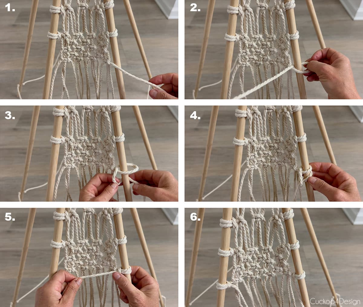 looping a single cord to the dowel rod teepee frame