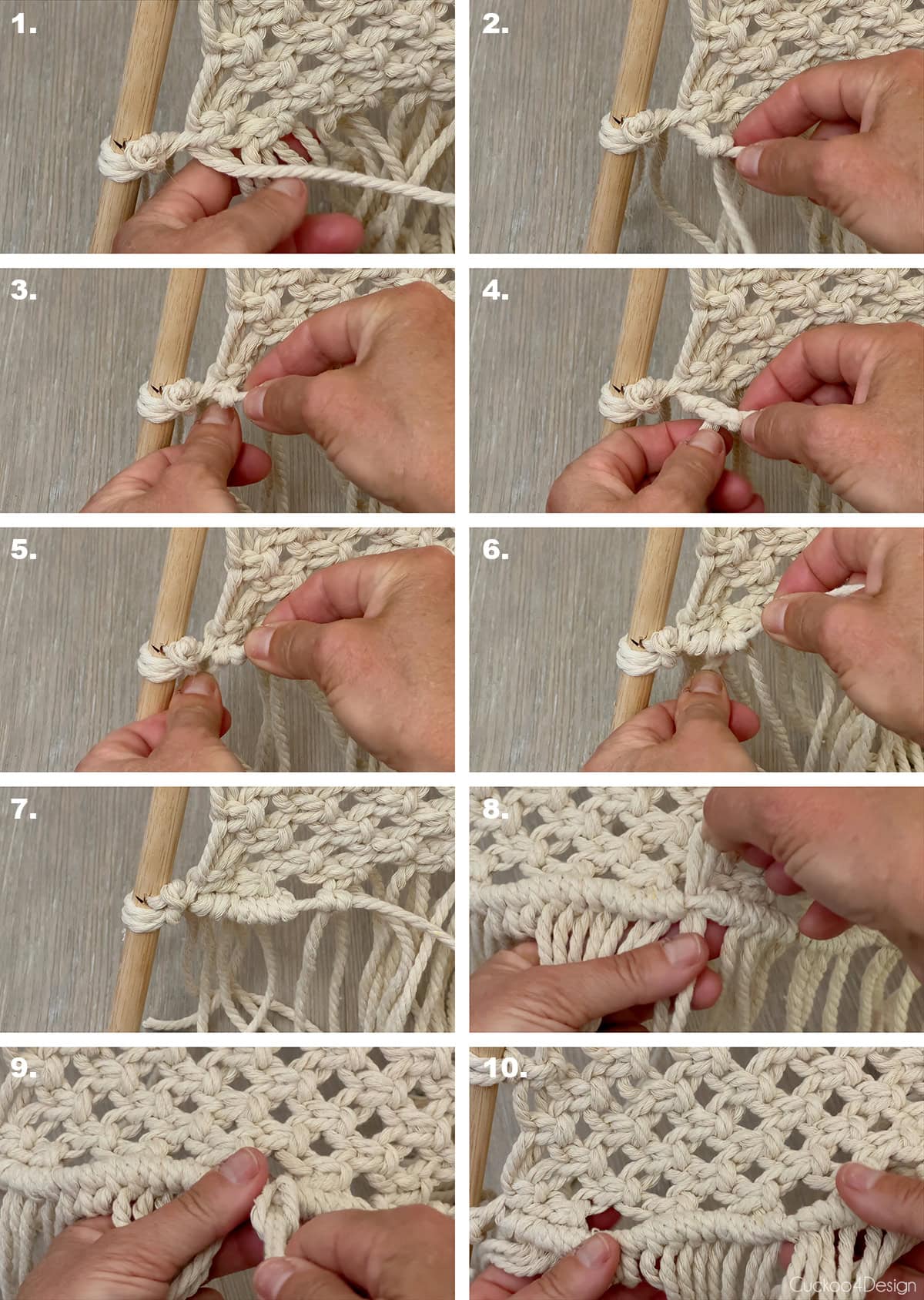 looping the knotted macrame grid yarn to the bottom perimeter yarn