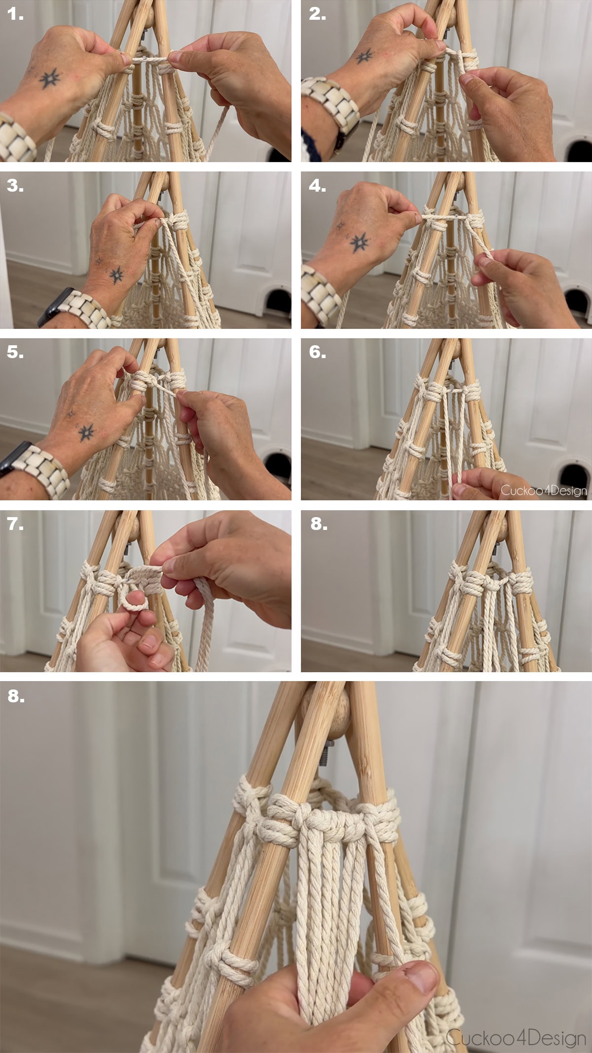adding piece of yarn to the macrame teepee top front panel