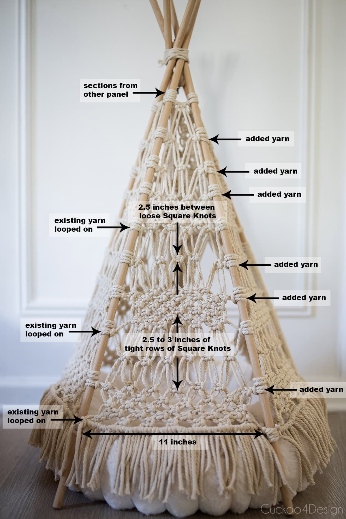 macrame teepee knot measurements and details