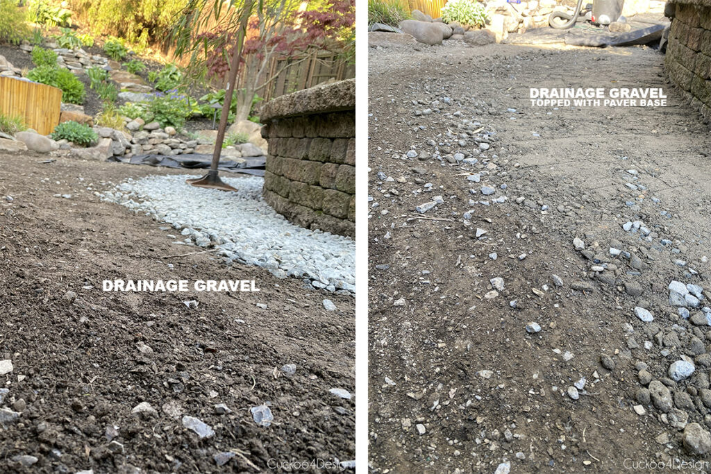 paver base and drainage rock in a trench along the rock wall flower bed