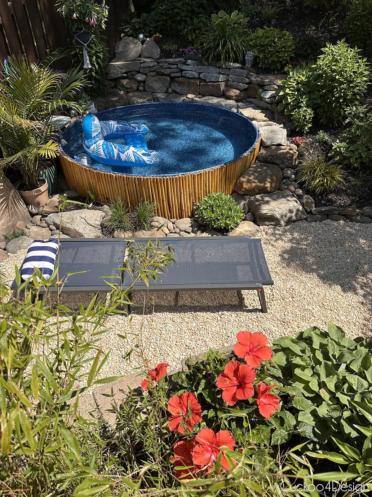 view from above of plants surrounding the stock tank pool
