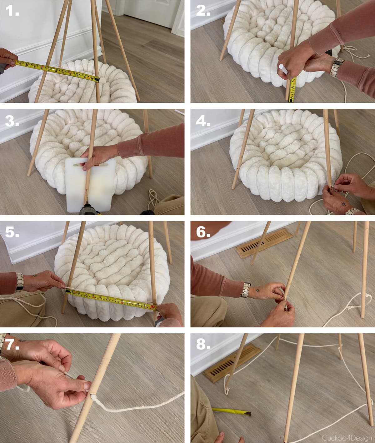 drilling into the bottom of the dowel rods and threading macrame yarn through the holes