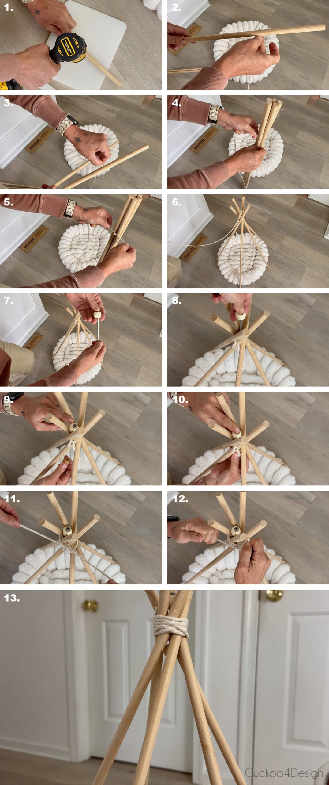 step-by-step photo collage showing how to drill, thread, and tie dowel rods together to form a macrame teepee frame