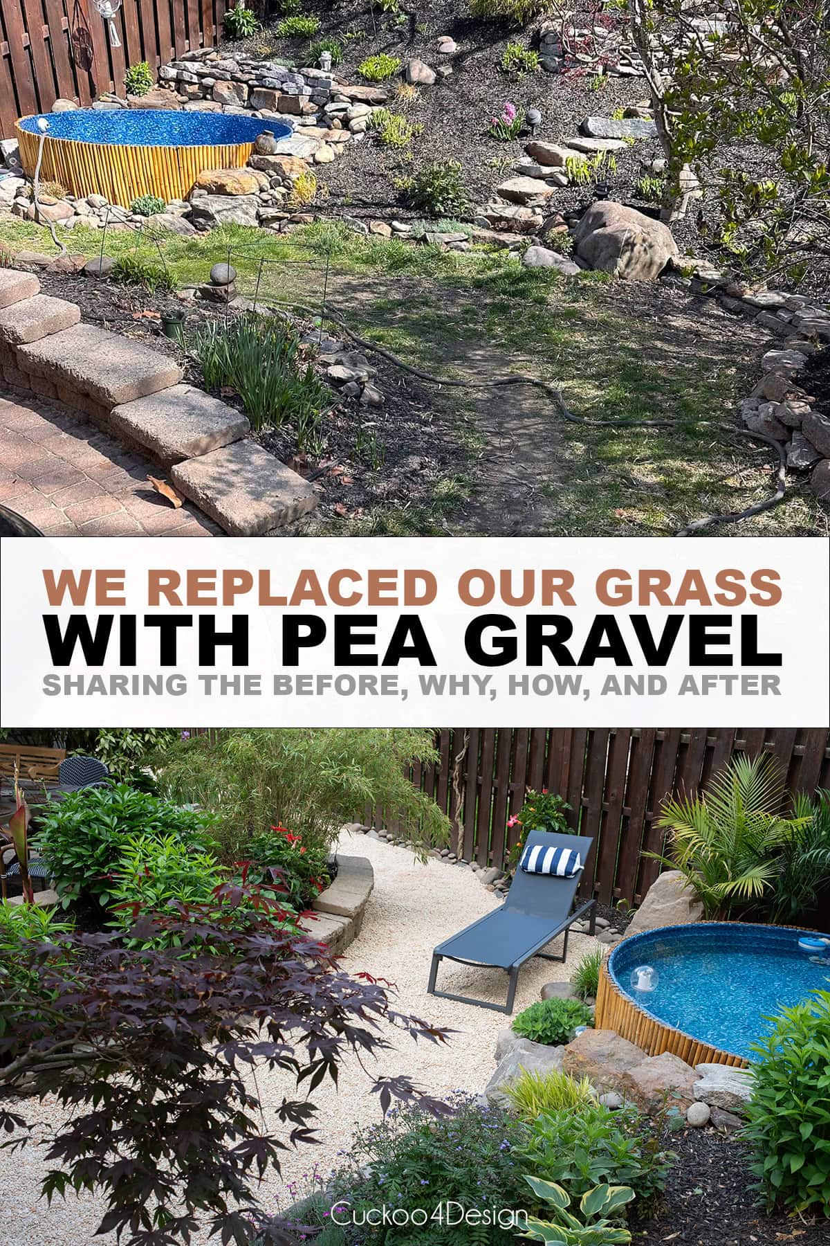 before and after replacing backyard grass with pea gravel around stock tank pool