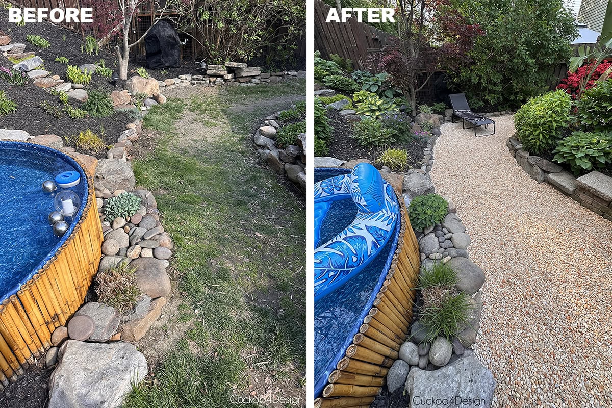 pea gravel area next to stock tank pool replacing muddy grass with drainage issues before and after