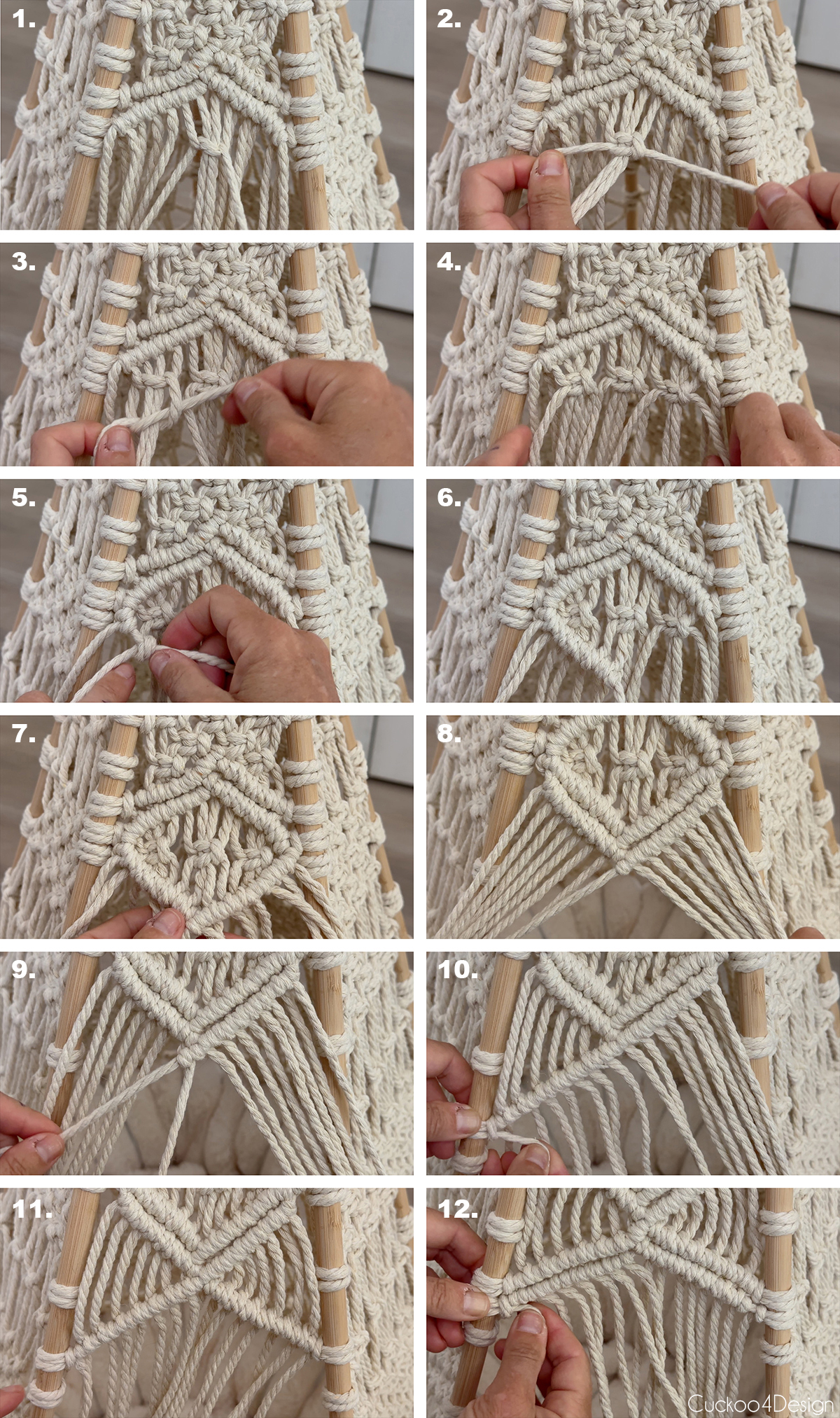 knotting a row of square knots inside the diamond shaped diagonal clove hitch shape