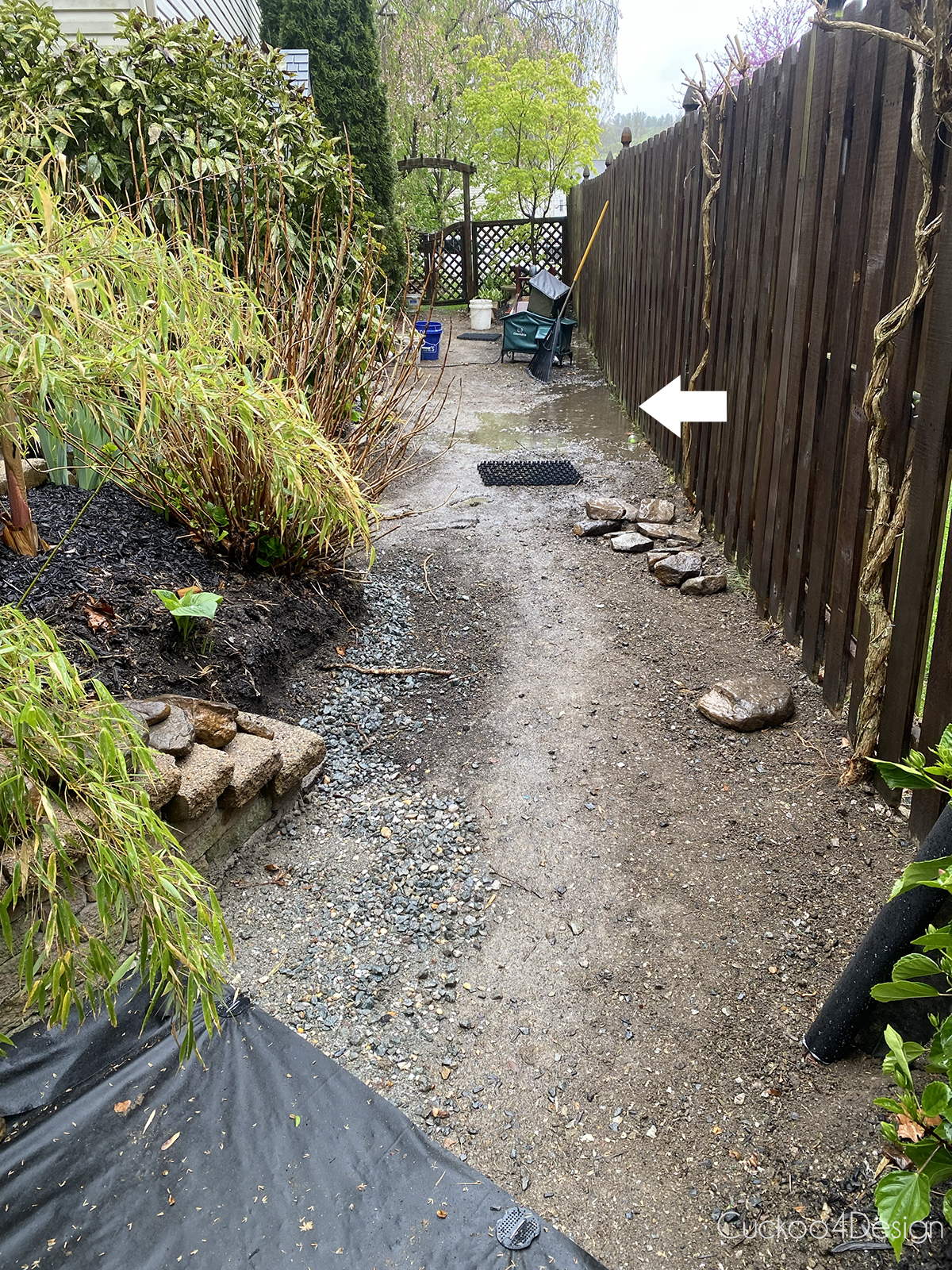 view of side yard with a water puddle along the fence