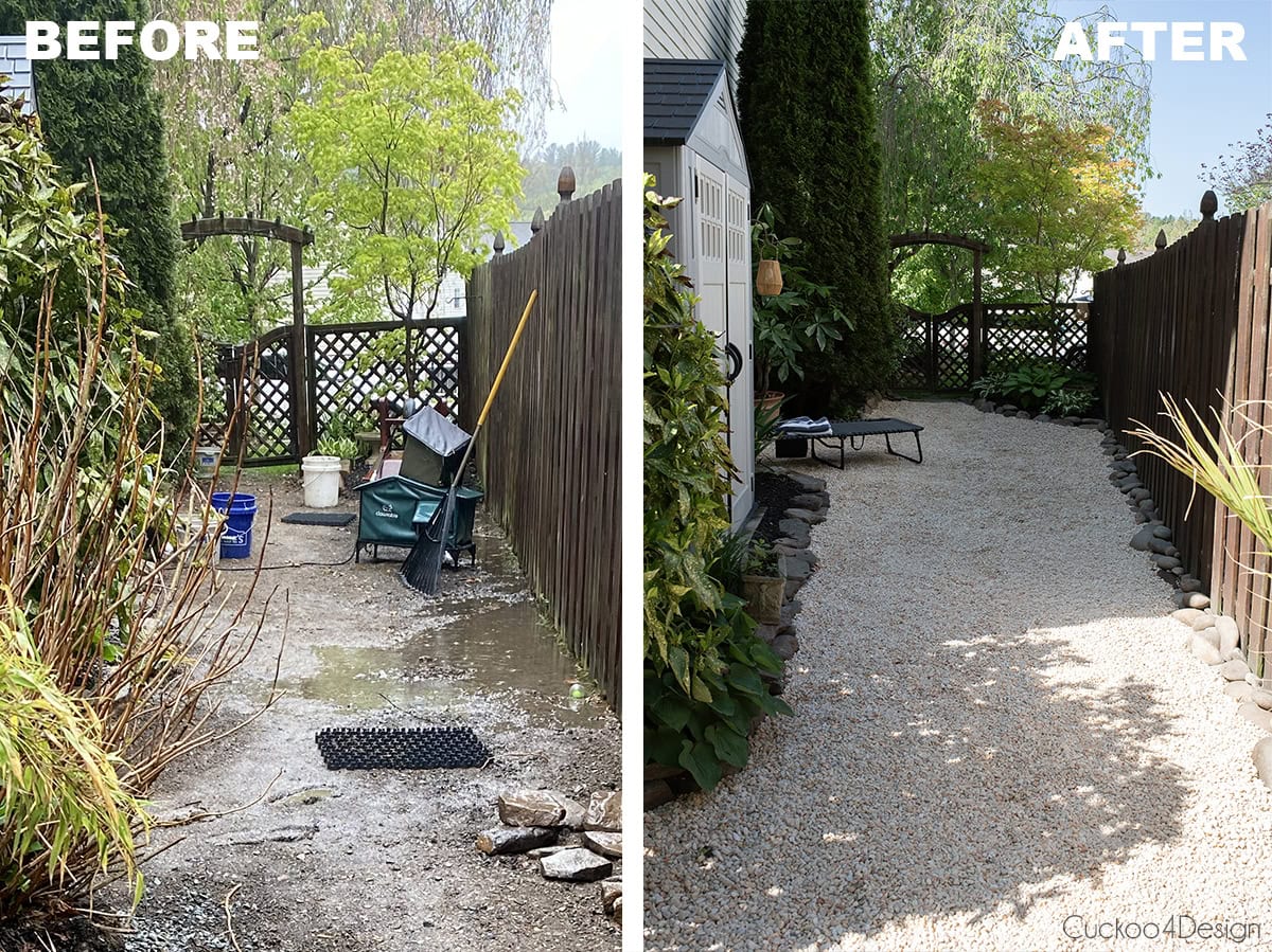 side yard view before and after adding pea gravel